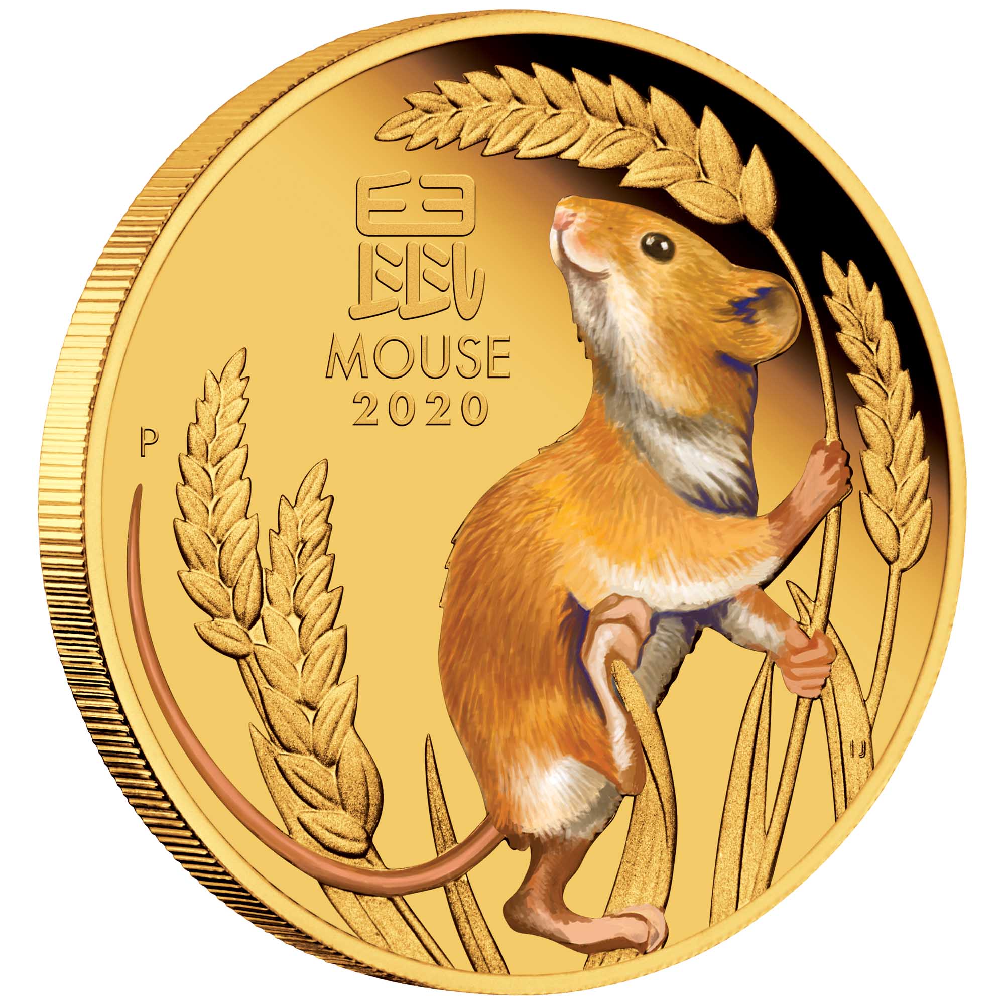 01 2020 Year of the Mouse 1oz Gold Proof Coloured Coin OnEdge HighRes
