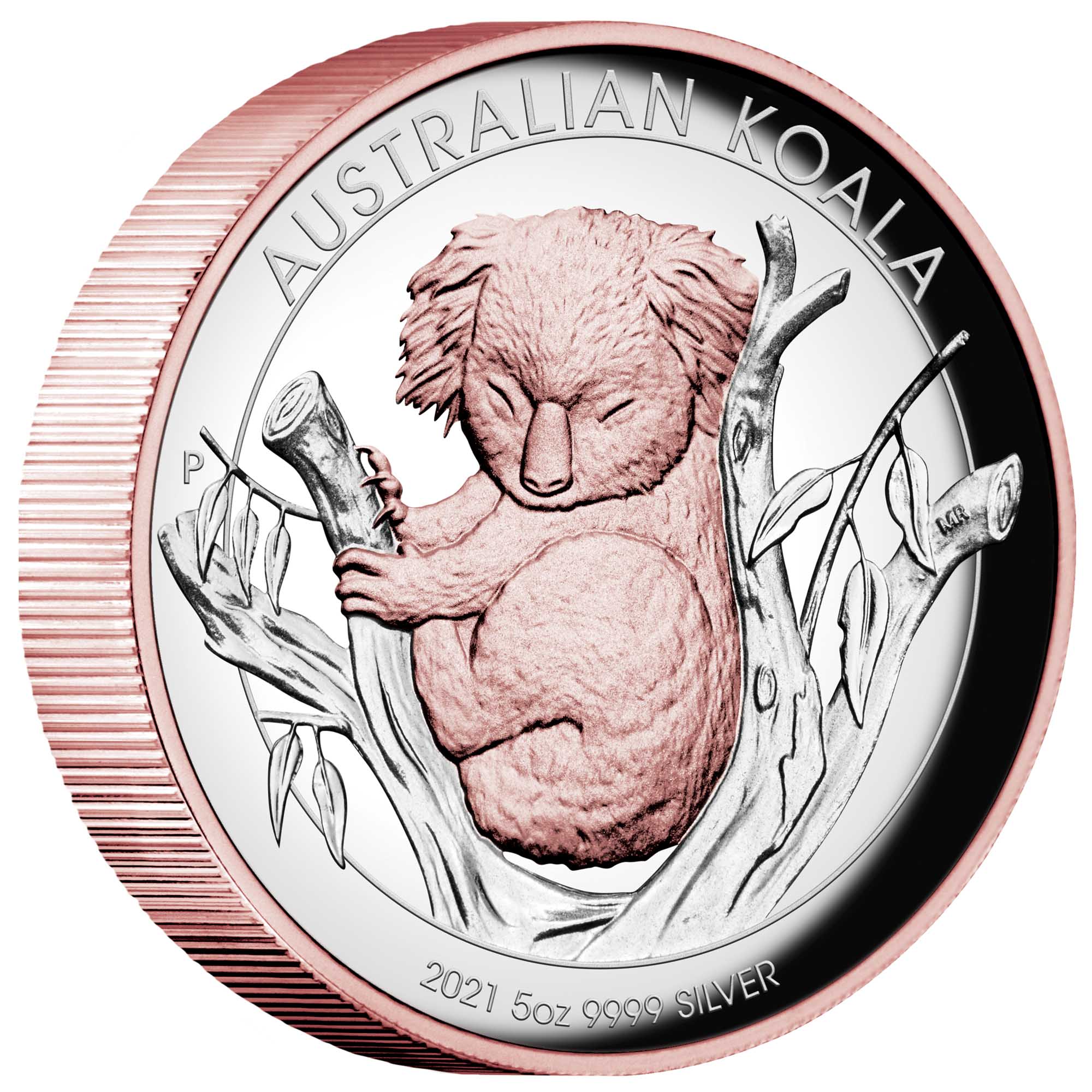 01 2021 Australian Koala 5oz Silver Proof High Relief Rose Gold Gilded Coin OnEdge HighRes