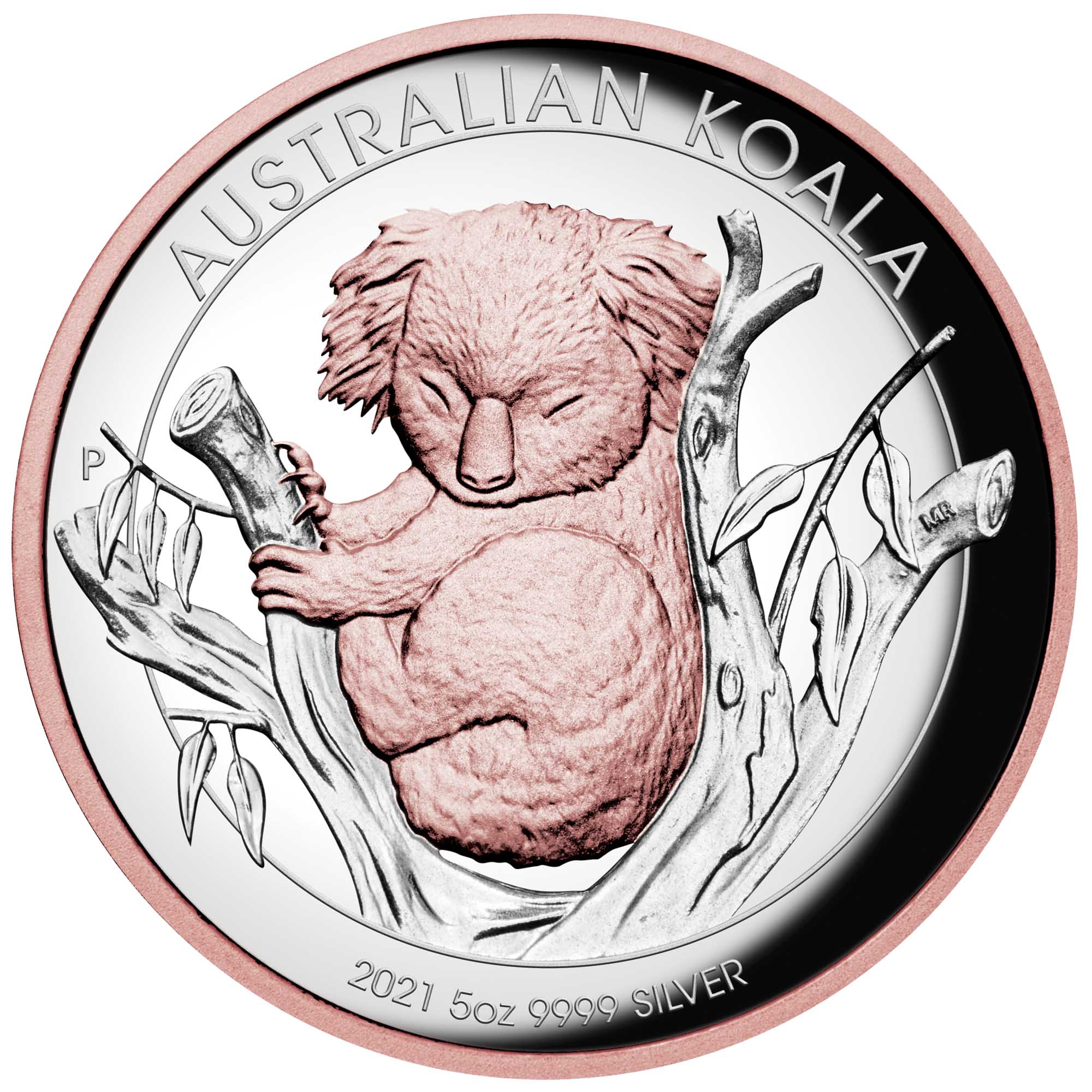 02 2021 Australian Koala 5oz Silver Proof High Relief Rose Gold Gilded Coin StriaghtOn HighRes