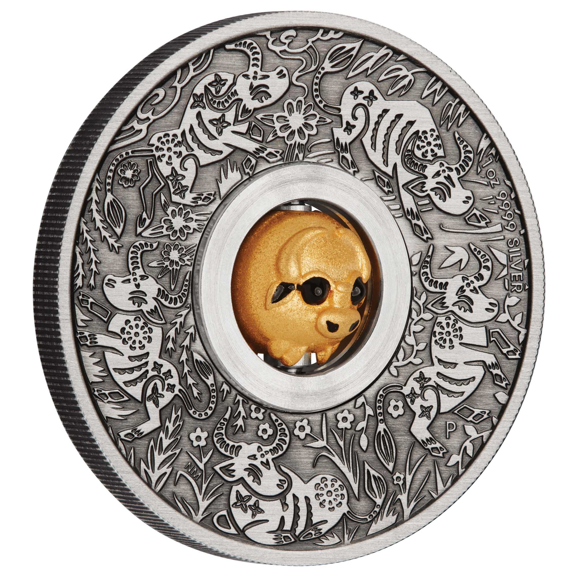 01 year of the ox rotating charm 2021 1oz silver antiqued OnEdge