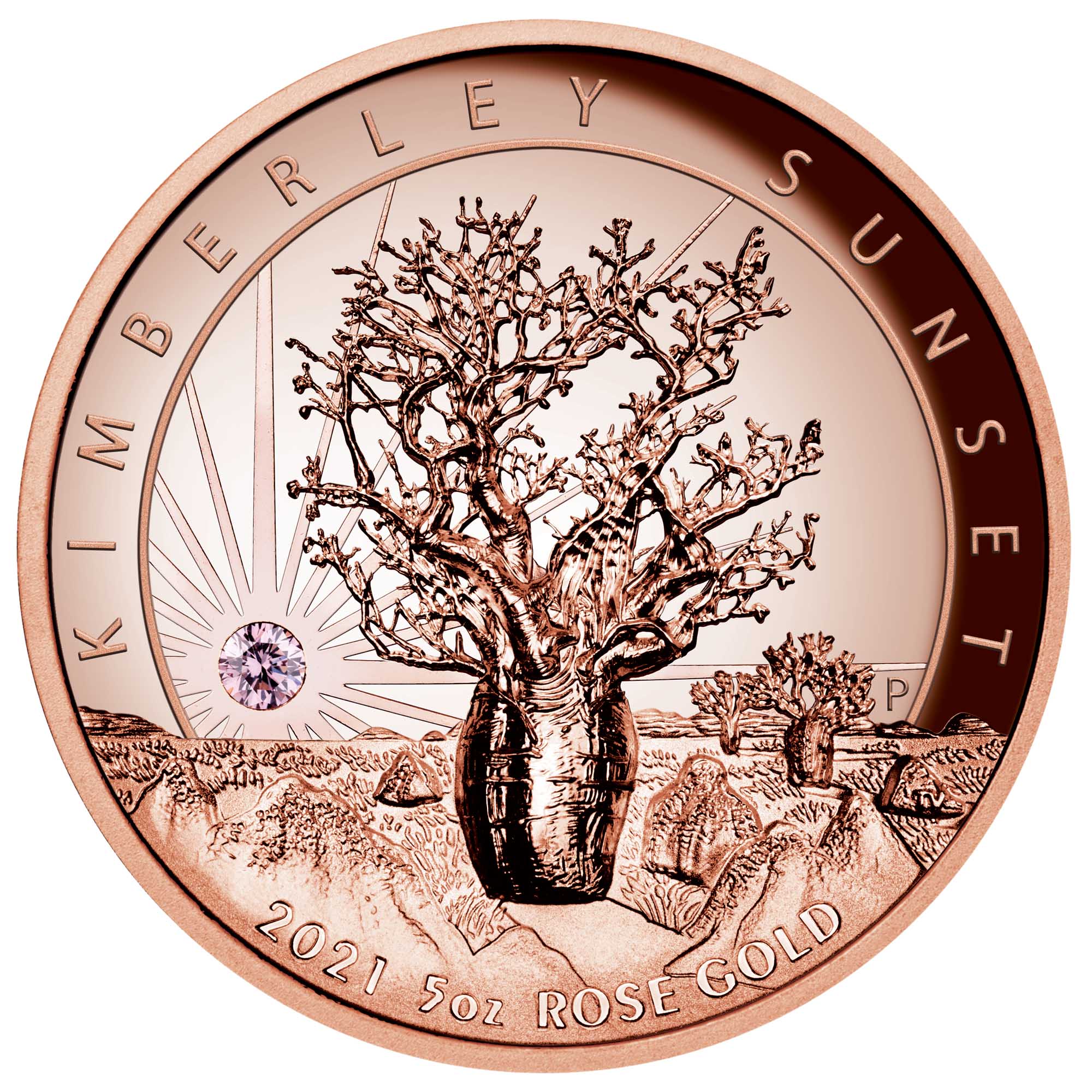 02 2021 KimberleySunset 5oz Rose Gold Proof HighRelief Coin StraightOn HighRes