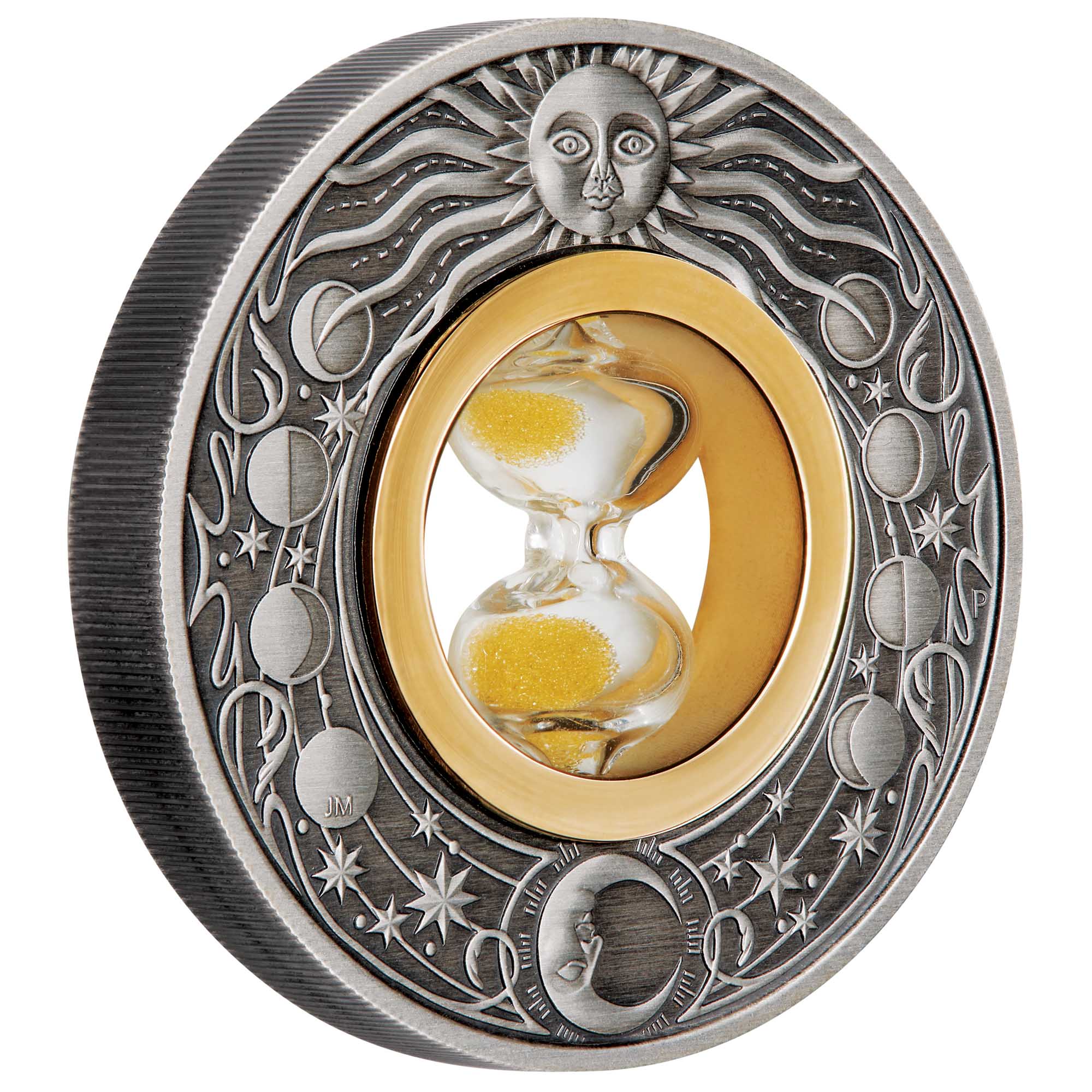 01 2021 Hourglass 2oz Silver Antiqued Insert Coin OnEdge HighRes