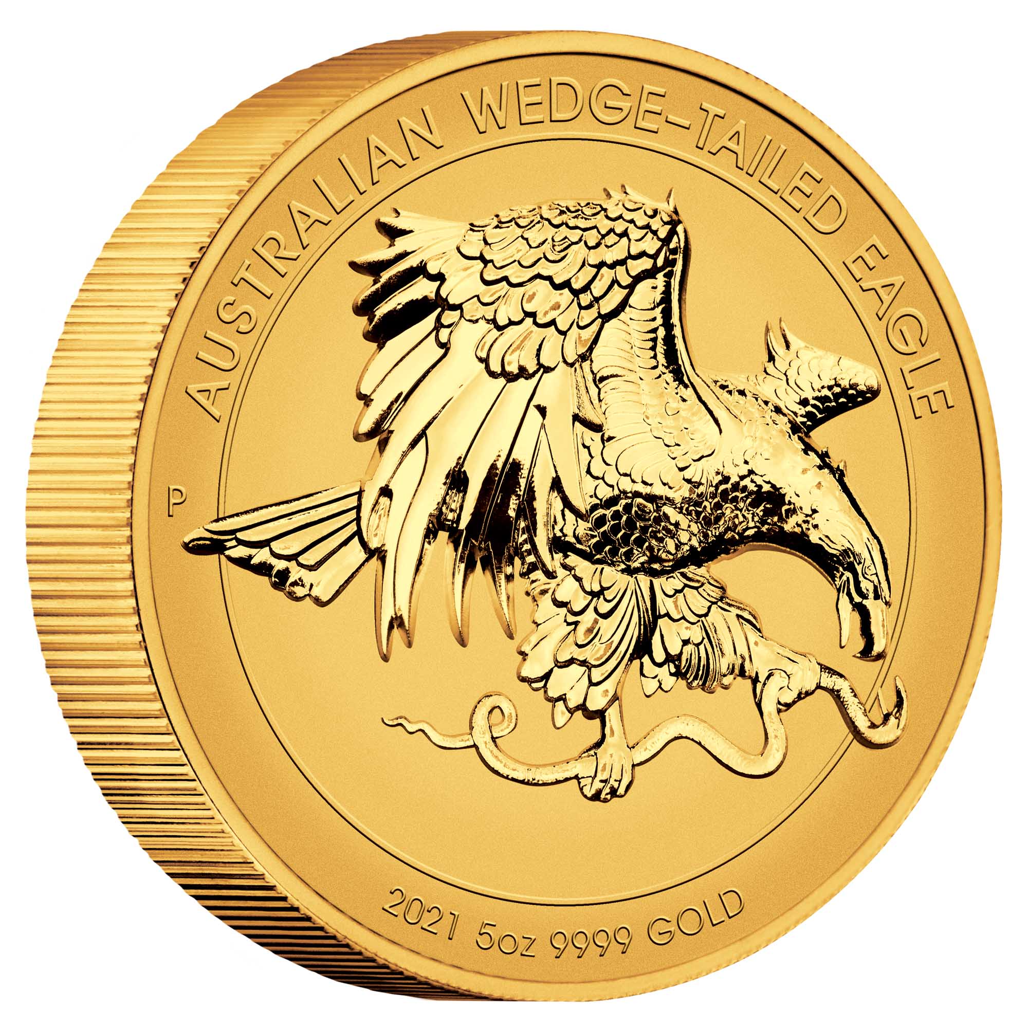 01 2021 Australian WedgeTailed Eagle 5oz Gold Reverse Proof UHR Coin OnEdge HighRes
