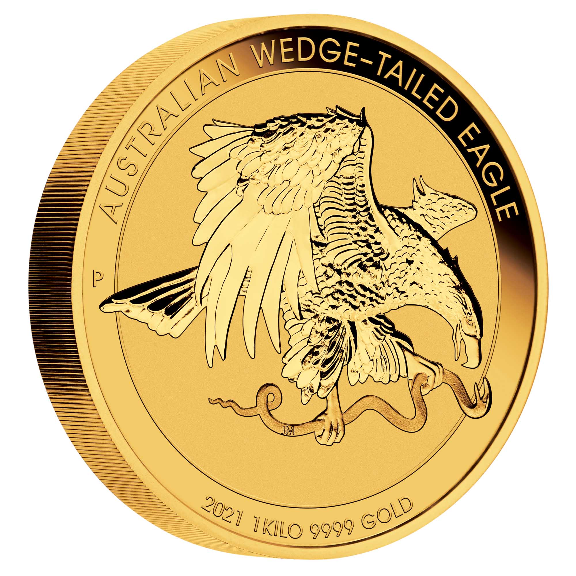 01 2021 Australian WedgeTailed Eagle 1 Kilo Gold Incused Coin OnEdge HighRes