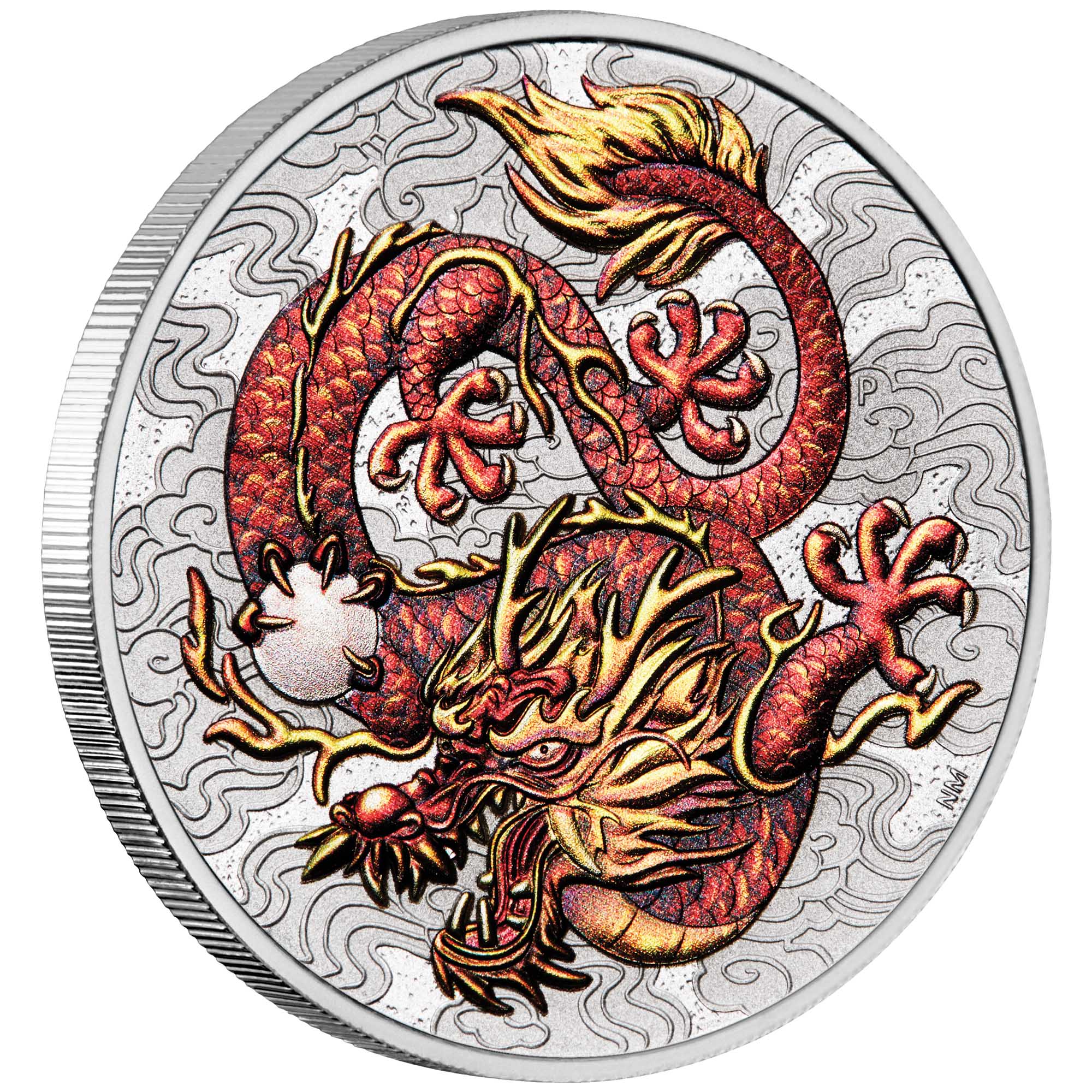 01 2021 Dragon 1oz Silver Bullion Coloured Coin OnEdge HighRes