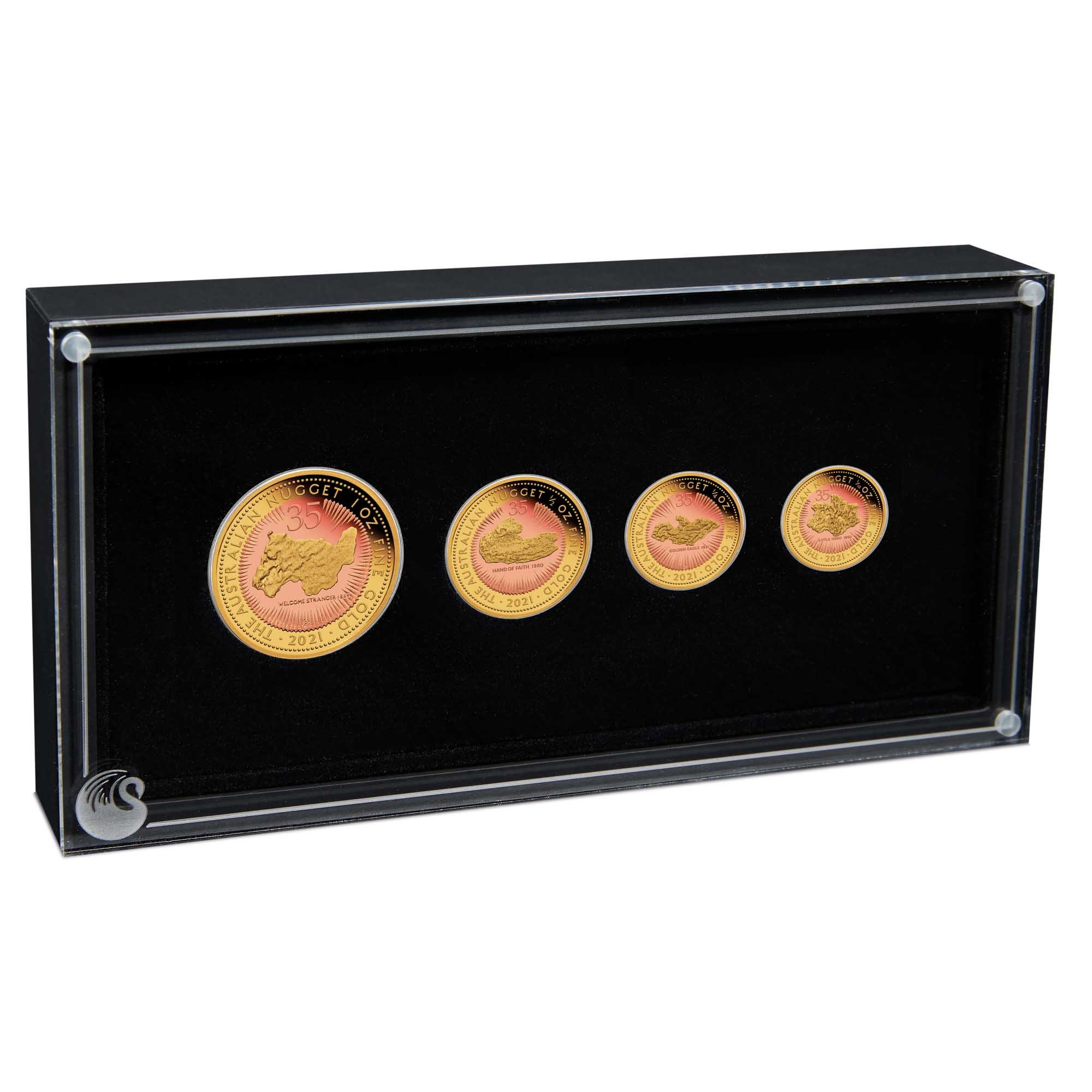 01 2021 35th Ann AusNugget Gold Proof Gilded Four Coin Set InCase HighRes
