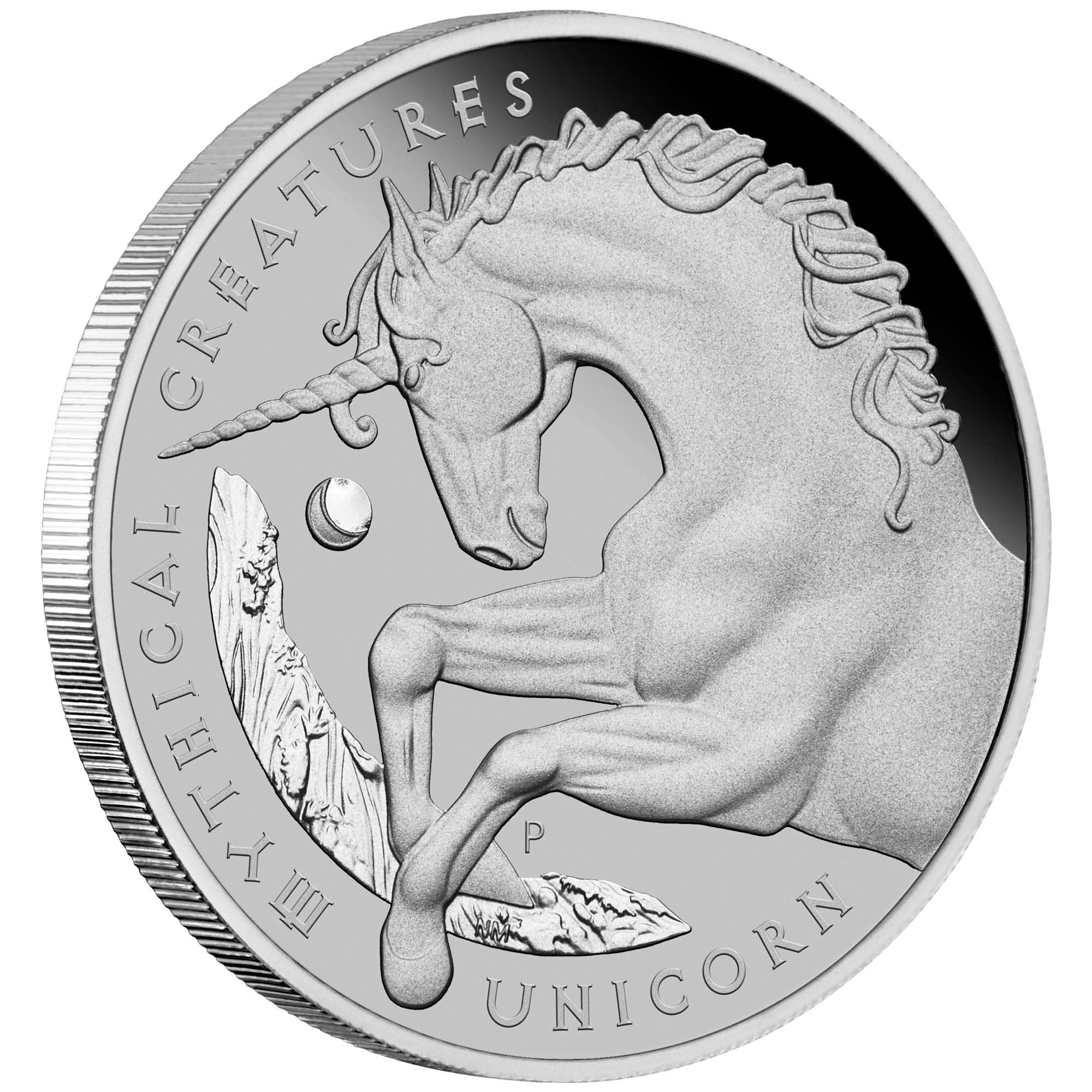01 2021 MythicalCreaturesUnicorn 1oz Platinum Proof Coin OnEdge HighRes