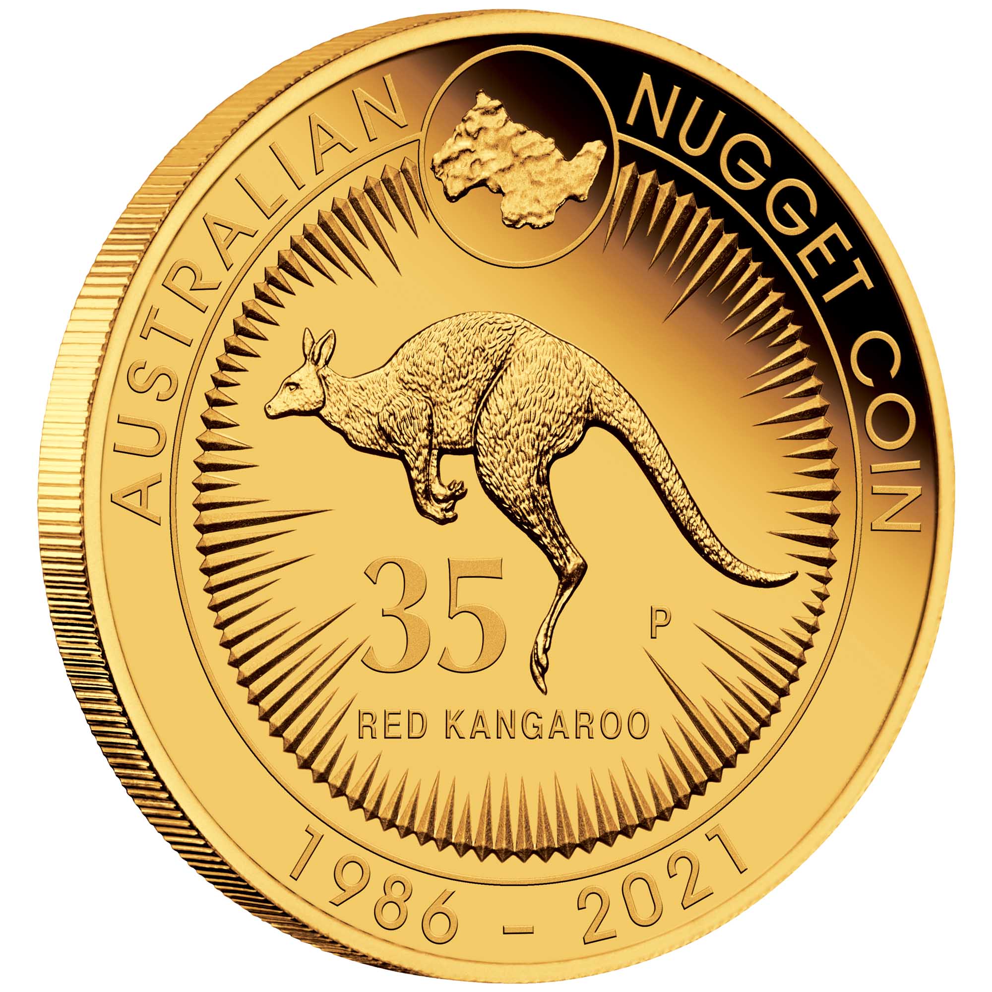 01 35th anniversary of the australian kangaroo nugget 2021 2oz gold proof OnEdge
