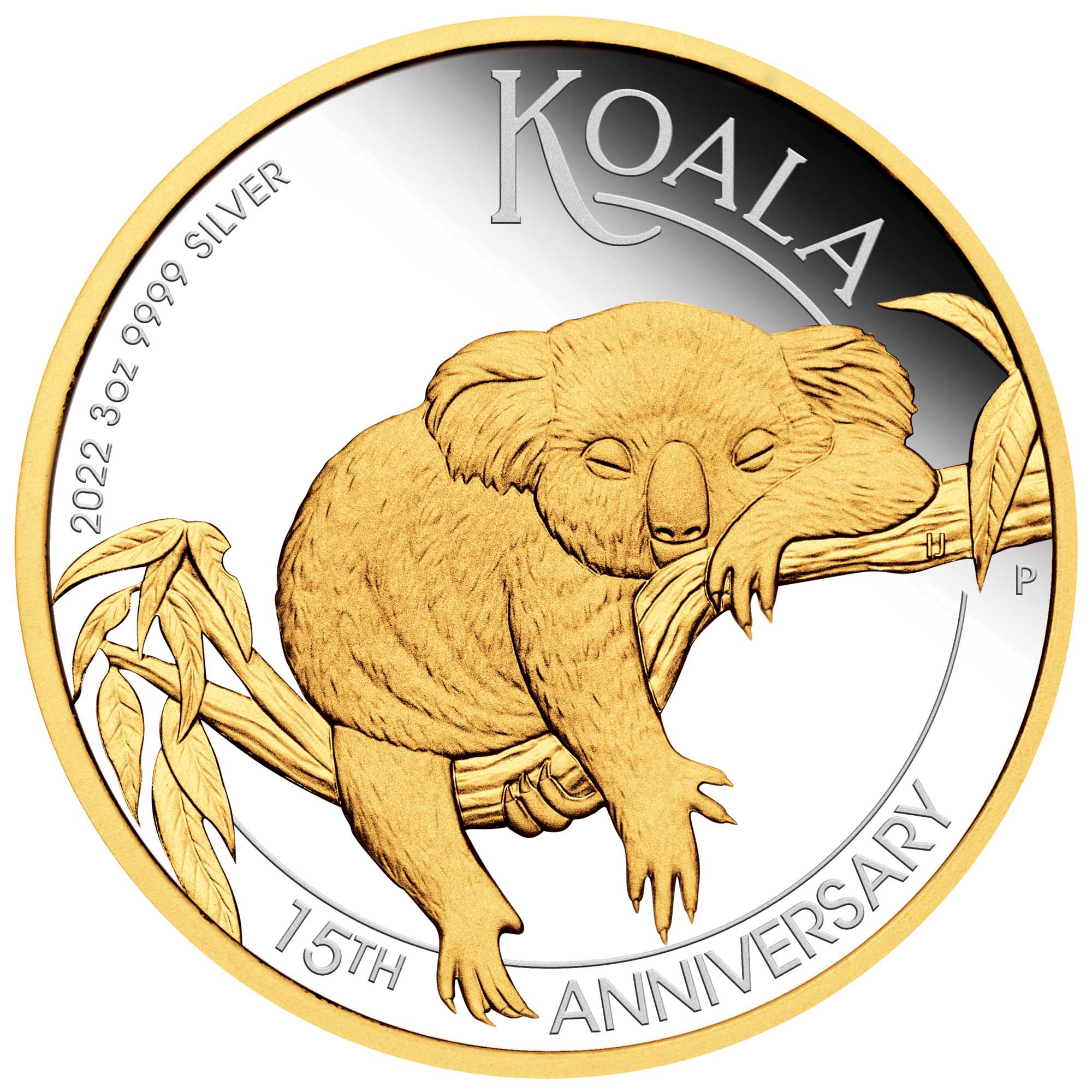02 2022 Australian Koala 15th Ann 3oz Silver Proof Gilded Coin StraightOn HighRes