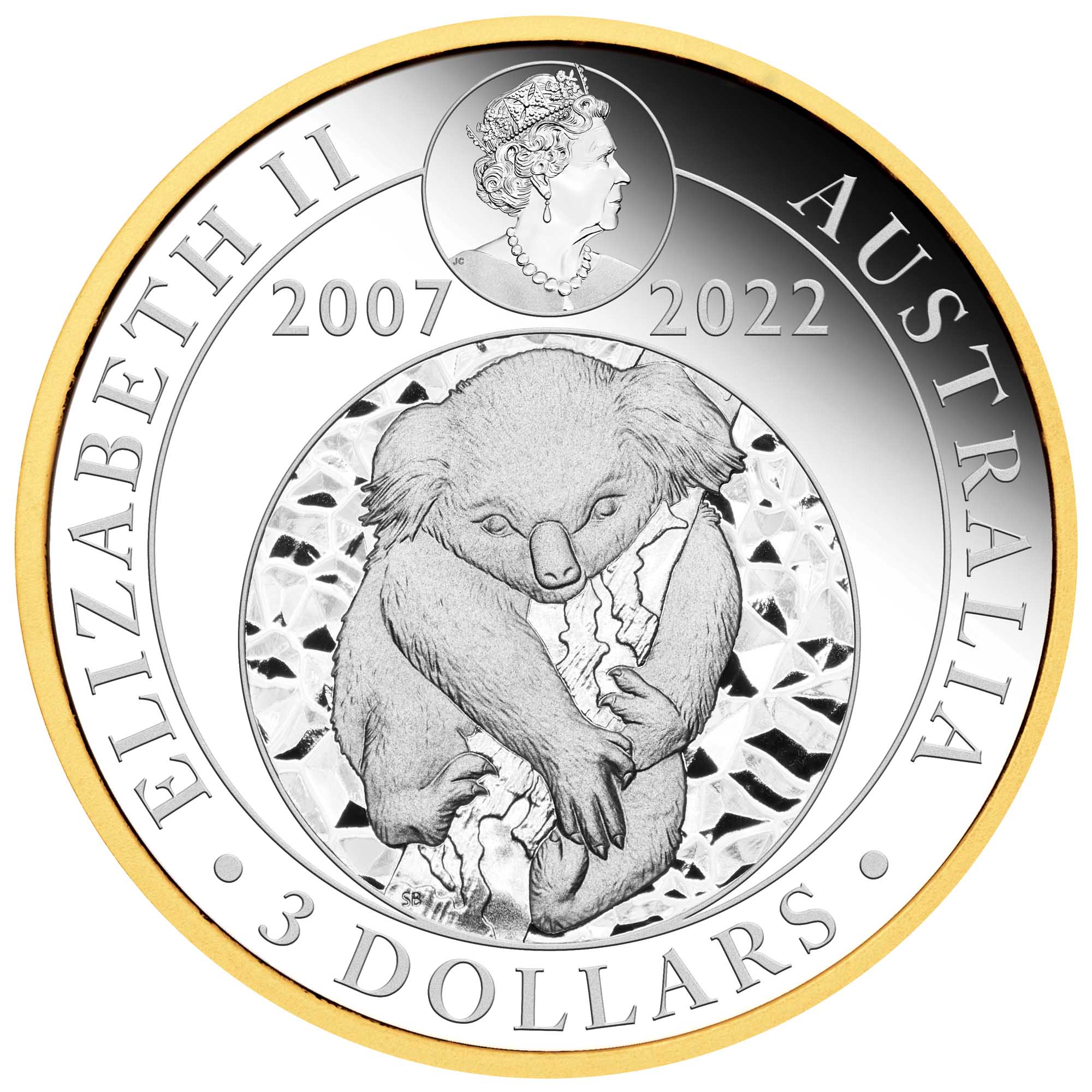 03 2022 Australian Koala 15th Ann 3oz Silver Proof Gilded Coin Obverse HighRes