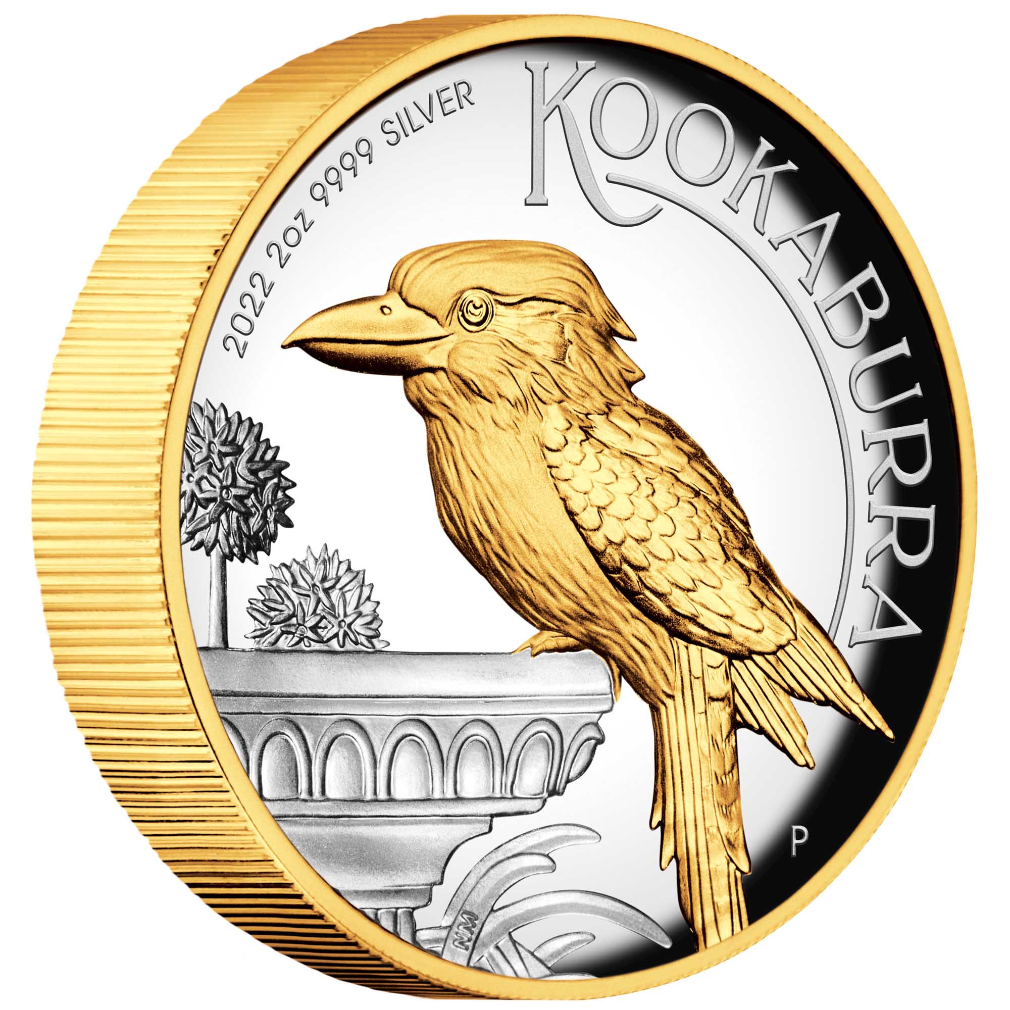 01 2022 Australian Kookaburra 2oz Silver Proof High Relief Gilded Coin OnEdge HighRes