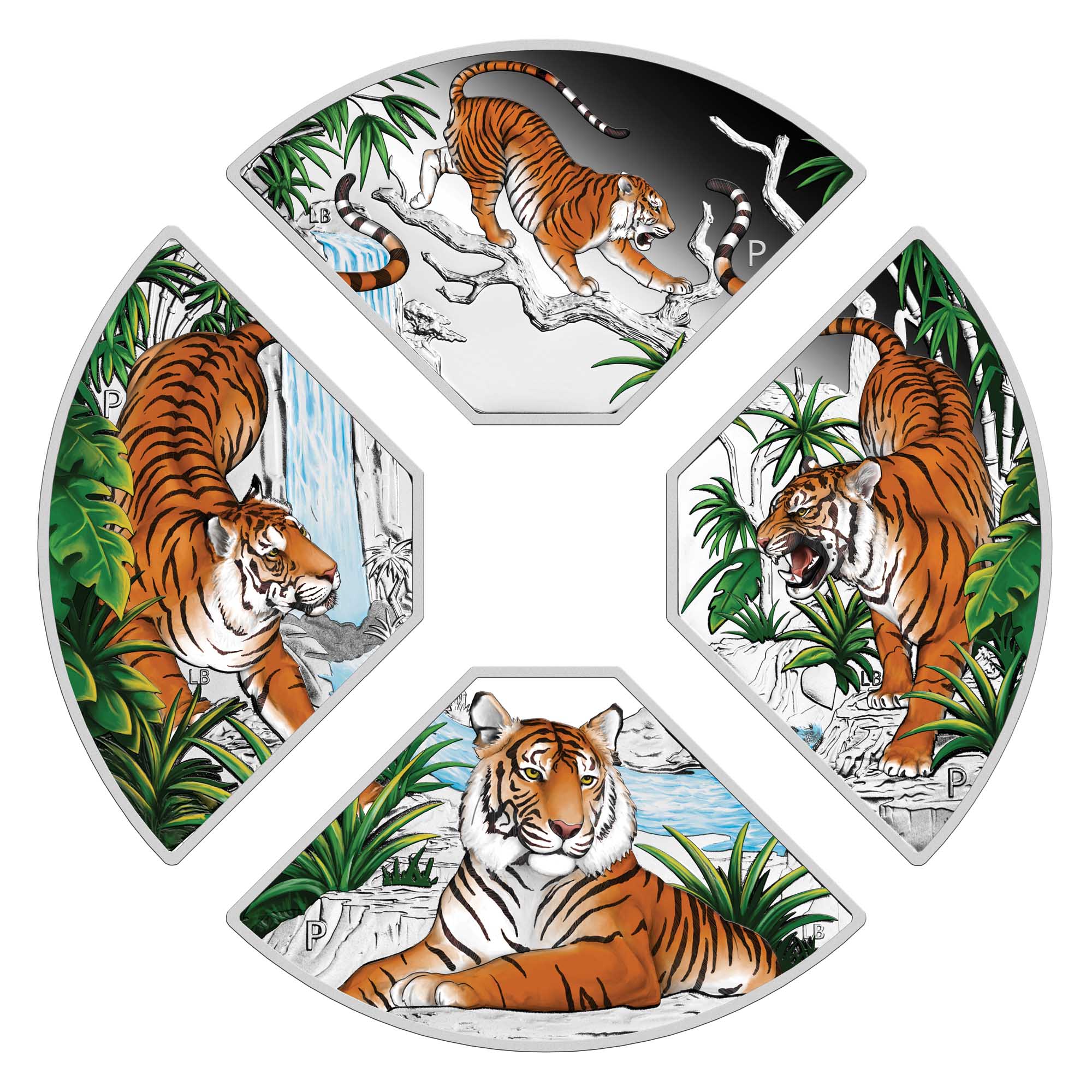 03 2022 Lunar Quadrant Tiger 1oz Silver Four Coin Set StraightOn Separated HighRes
