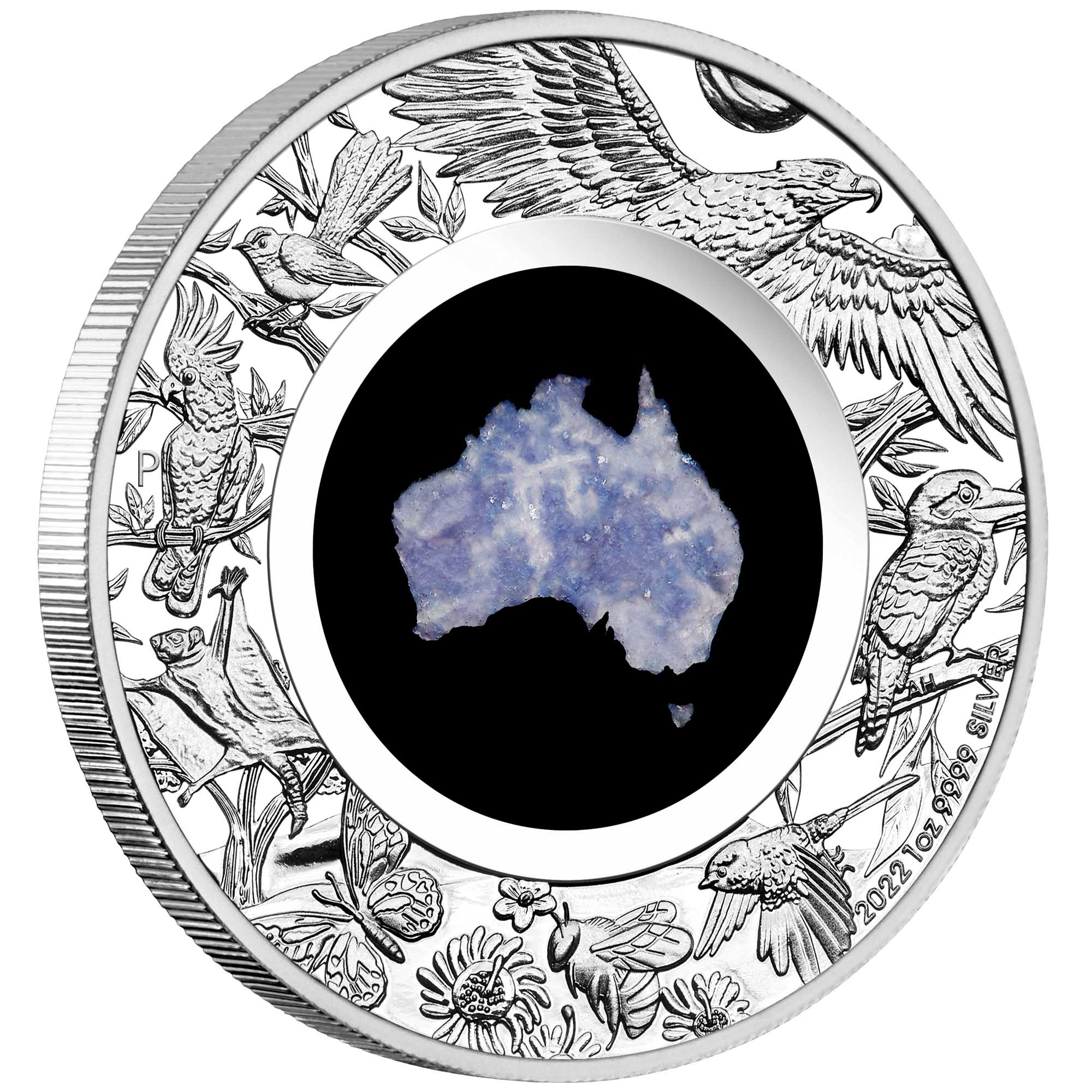 01 2022 Great Southern Land 1oz Silver Proof Blue Lepidolite OnEdge HighRes