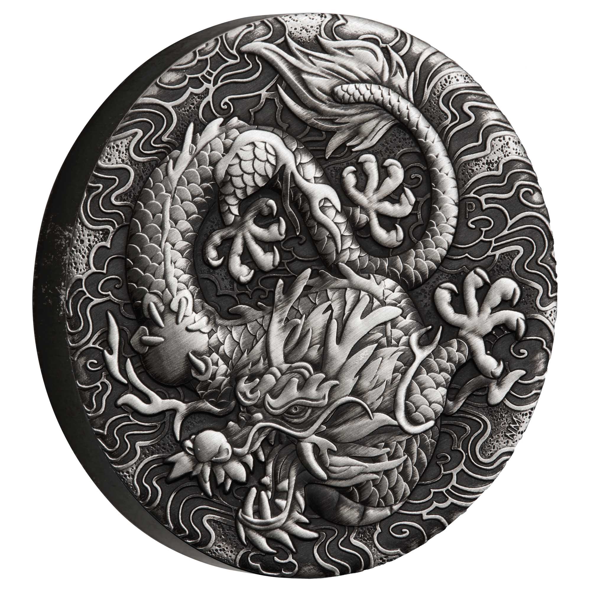 01 2022 Dragon 2oz Silver Antiqued Coin OnEdge HighRes