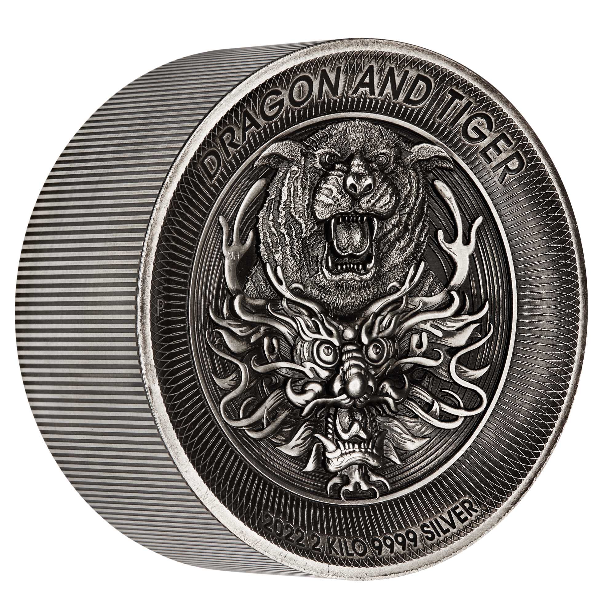 Dragon and Tiger 2022 2 Kilo Silver Antiqued High Relief Coin