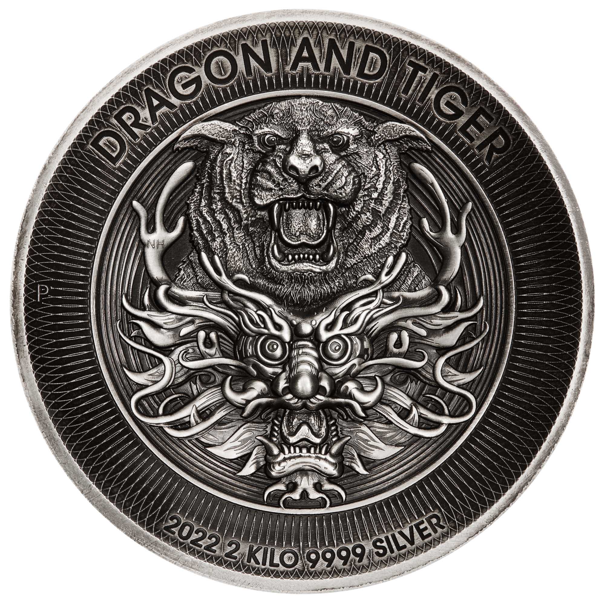 Dragon and Tiger 2022 2 Kilo Silver Antiqued High Relief Coin