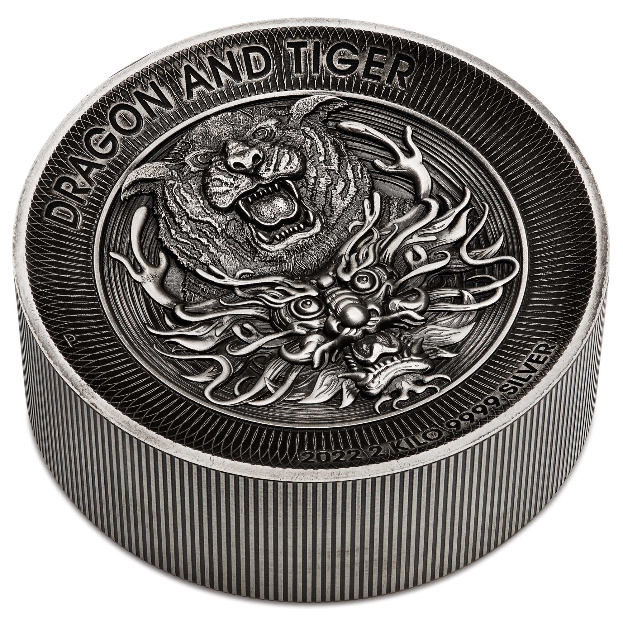Dragon and Tiger 2022 2 Kilo Silver Antiqued High Relief Coin