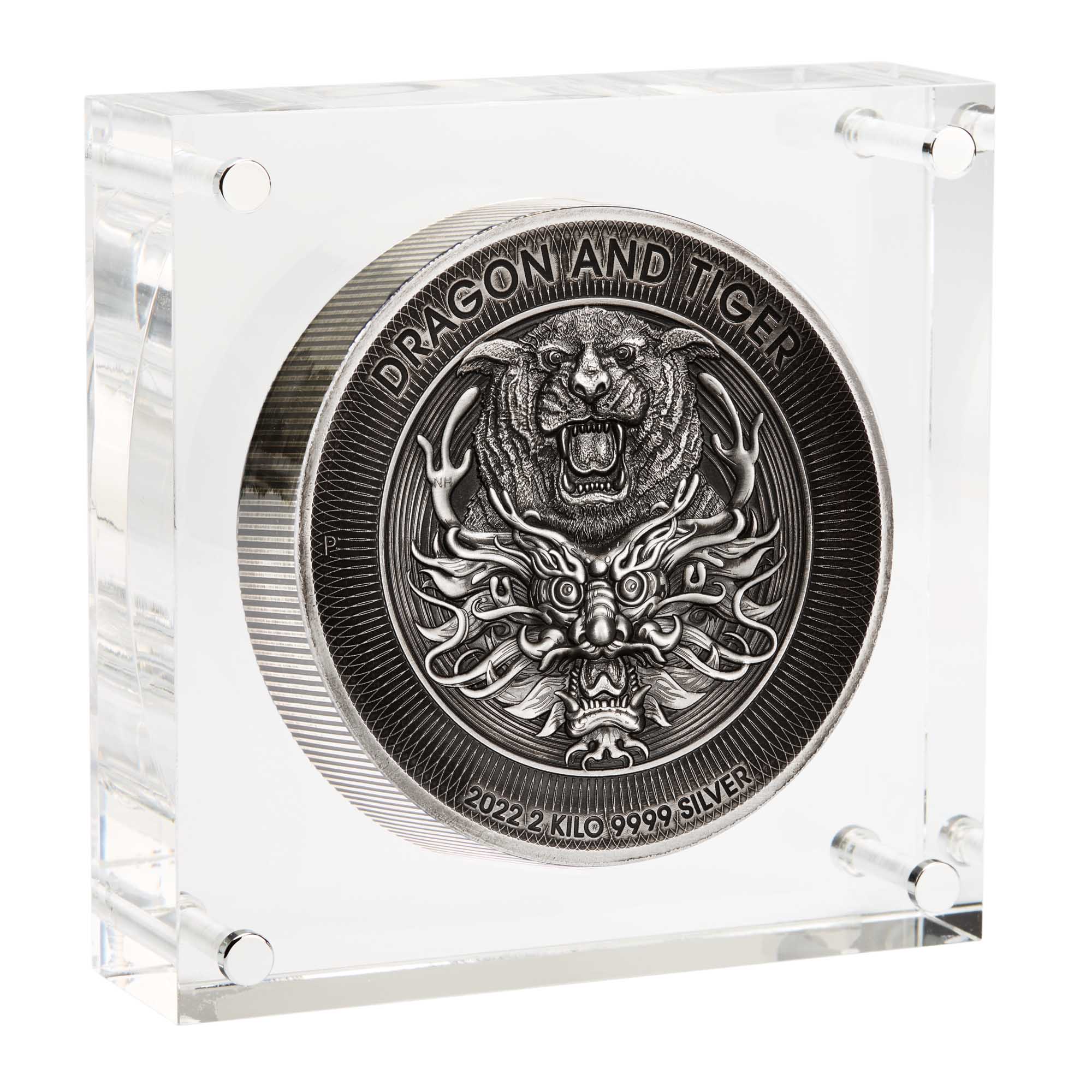 Dragon and Tiger 2022 2 Kilo Silver Antiqued High Relief Coin