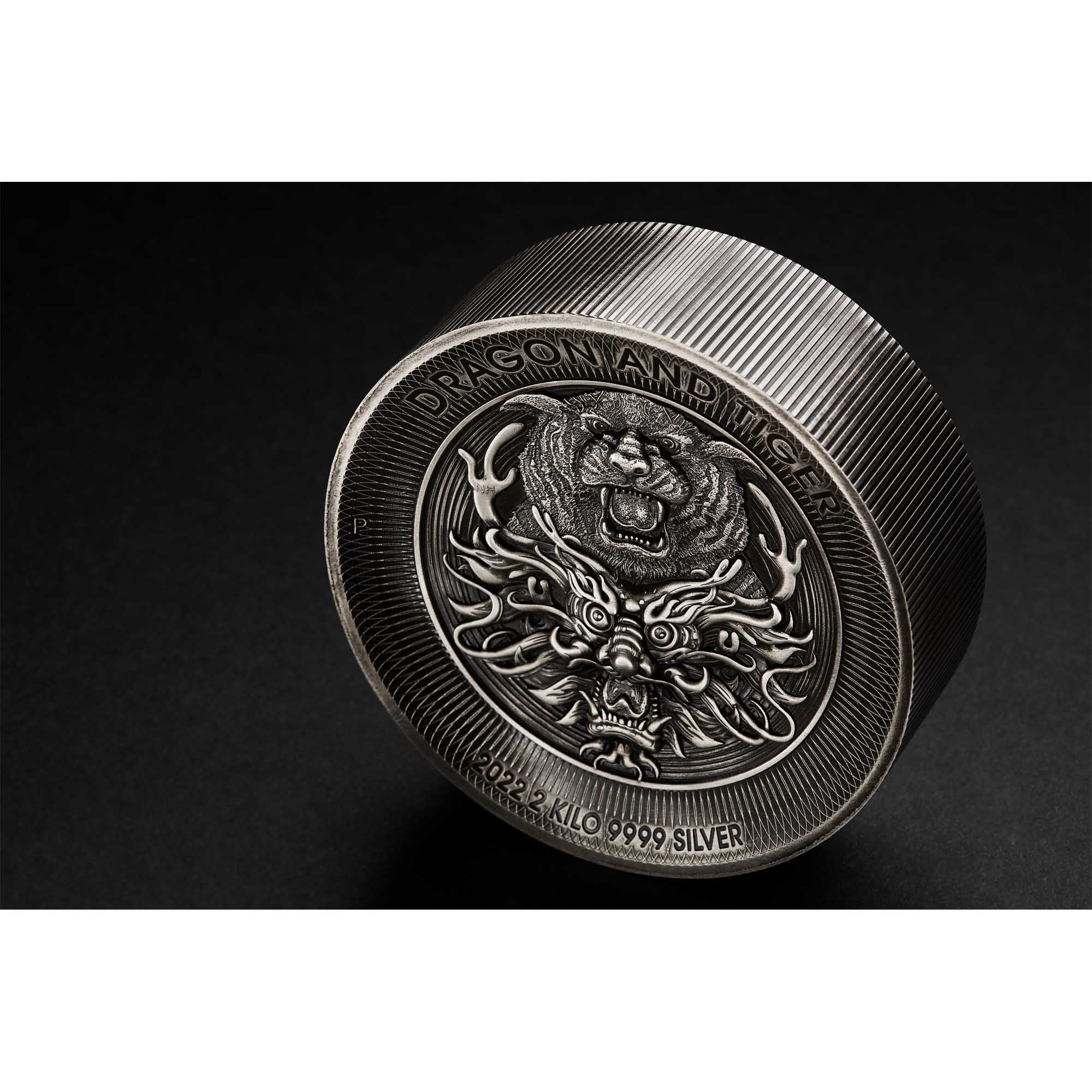 Dragon and Tiger 2022 2 Kilo Silver Antiqued High Relief Coin