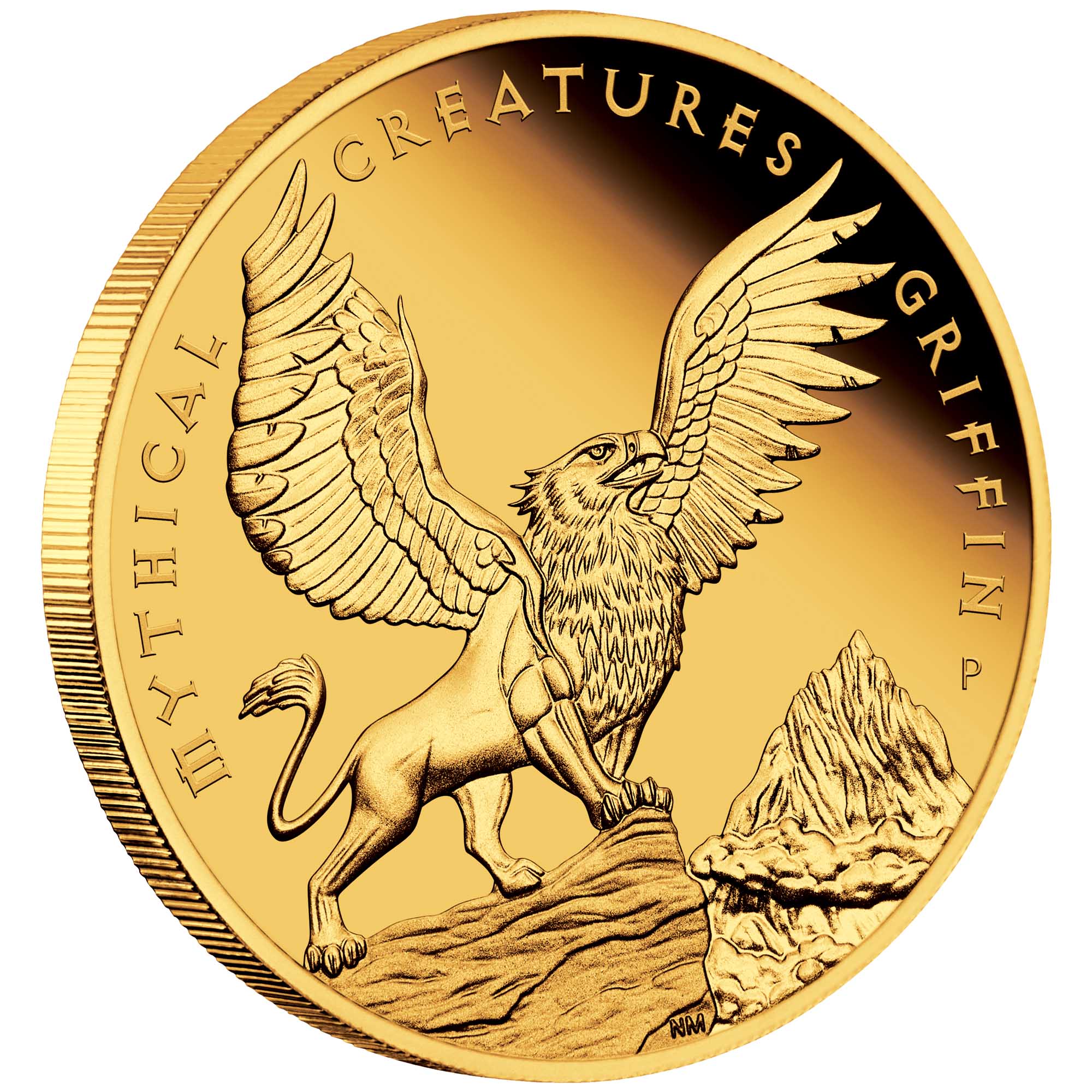01 2022 MythicalCreaturesGriffin 1oz Gold Proof Coin OnEdge HighRes
