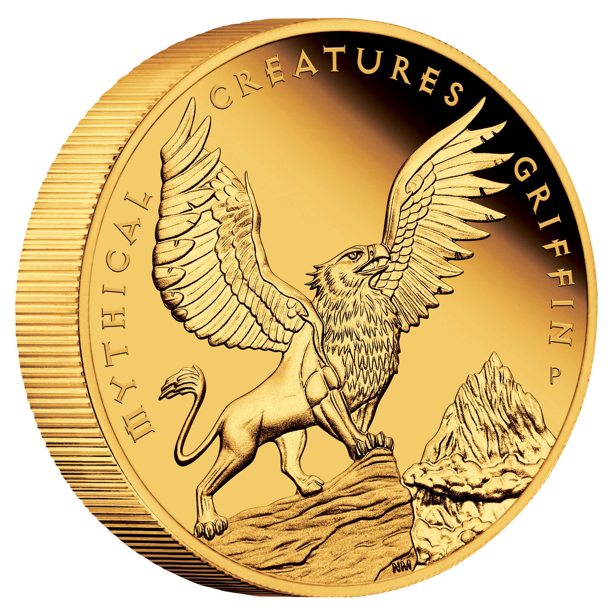 01 2022 MythicalCreaturesGrifffin 5oz Gold Proof Coin OnEdge HighRes