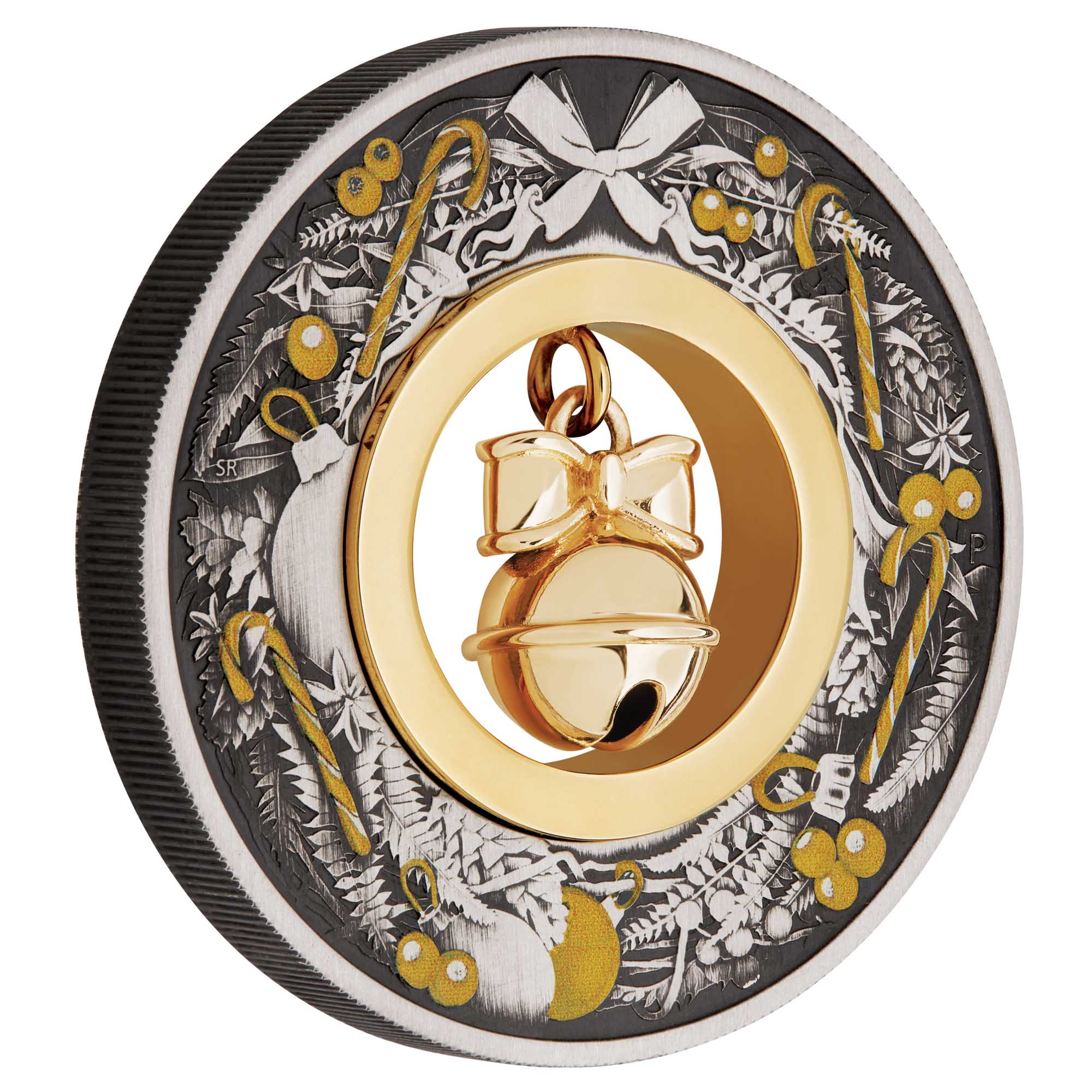 01 2022 Jingle bell 2oz Silver Antiqued Coin OnEdge HighRes