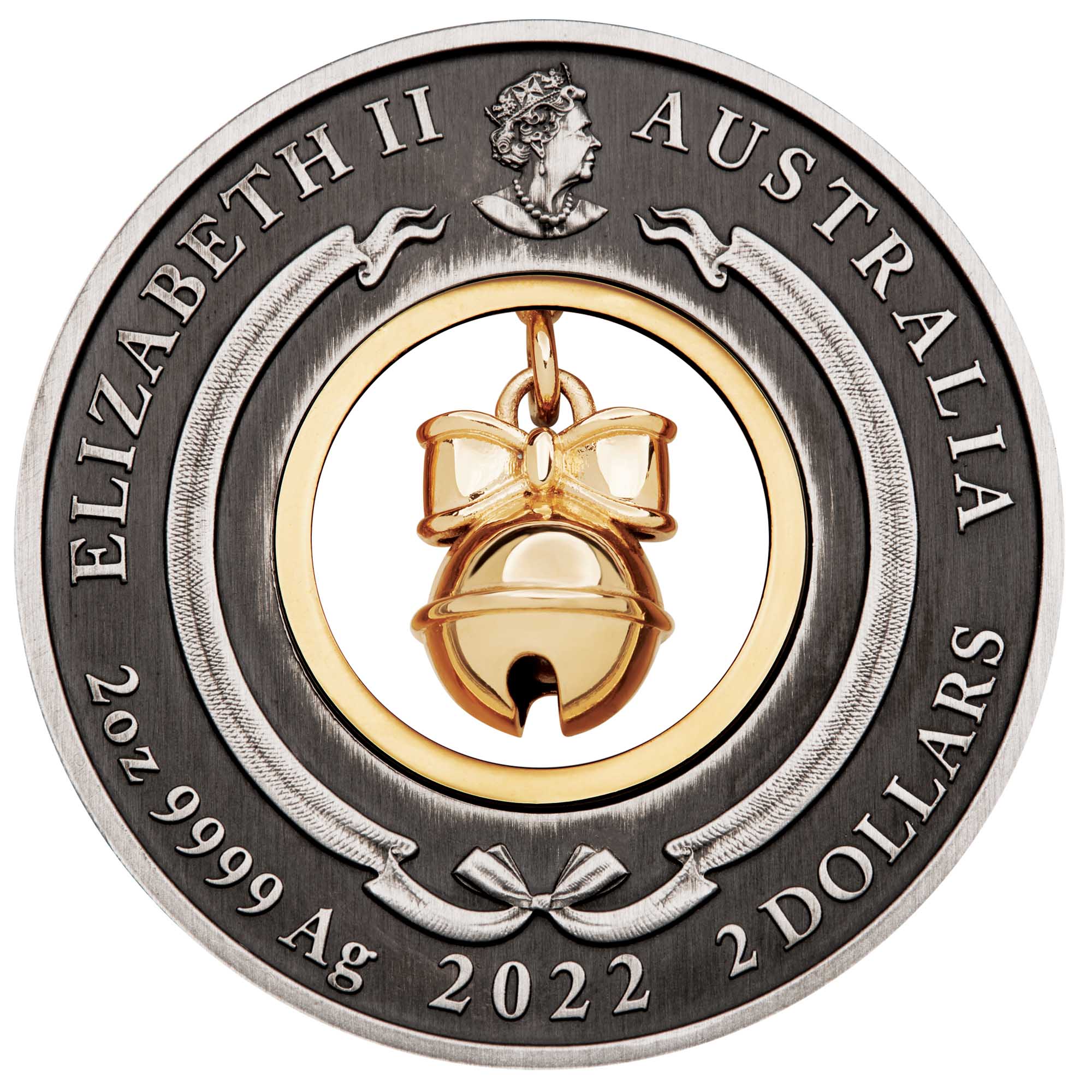 Jingle Bell 2022 2oz Silver Antiqued Coloured Coin | Perth Mint