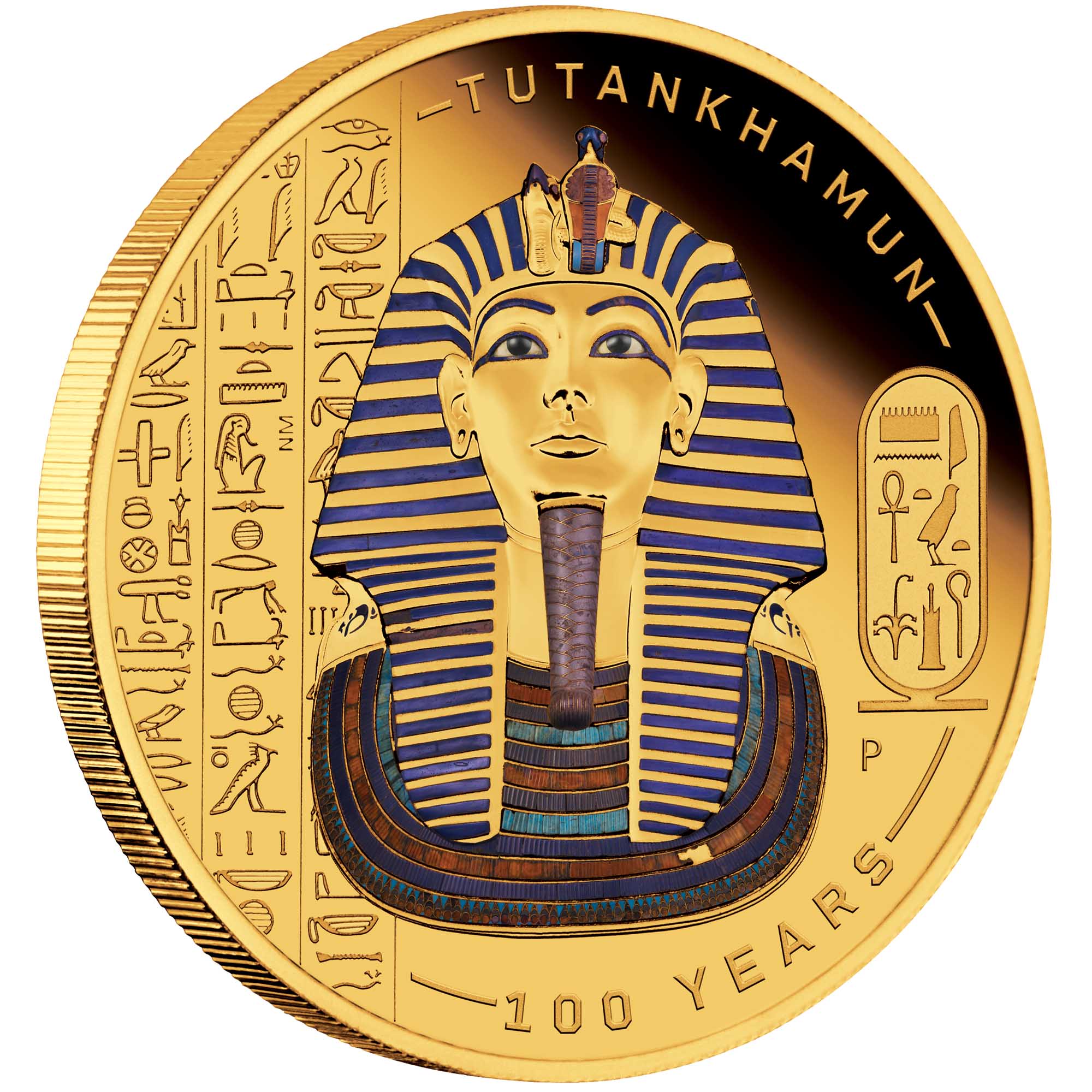 01 2022 Tutankhamen 100th Anniversary 1oz Gold Coloured Coin OnEdge HighRes