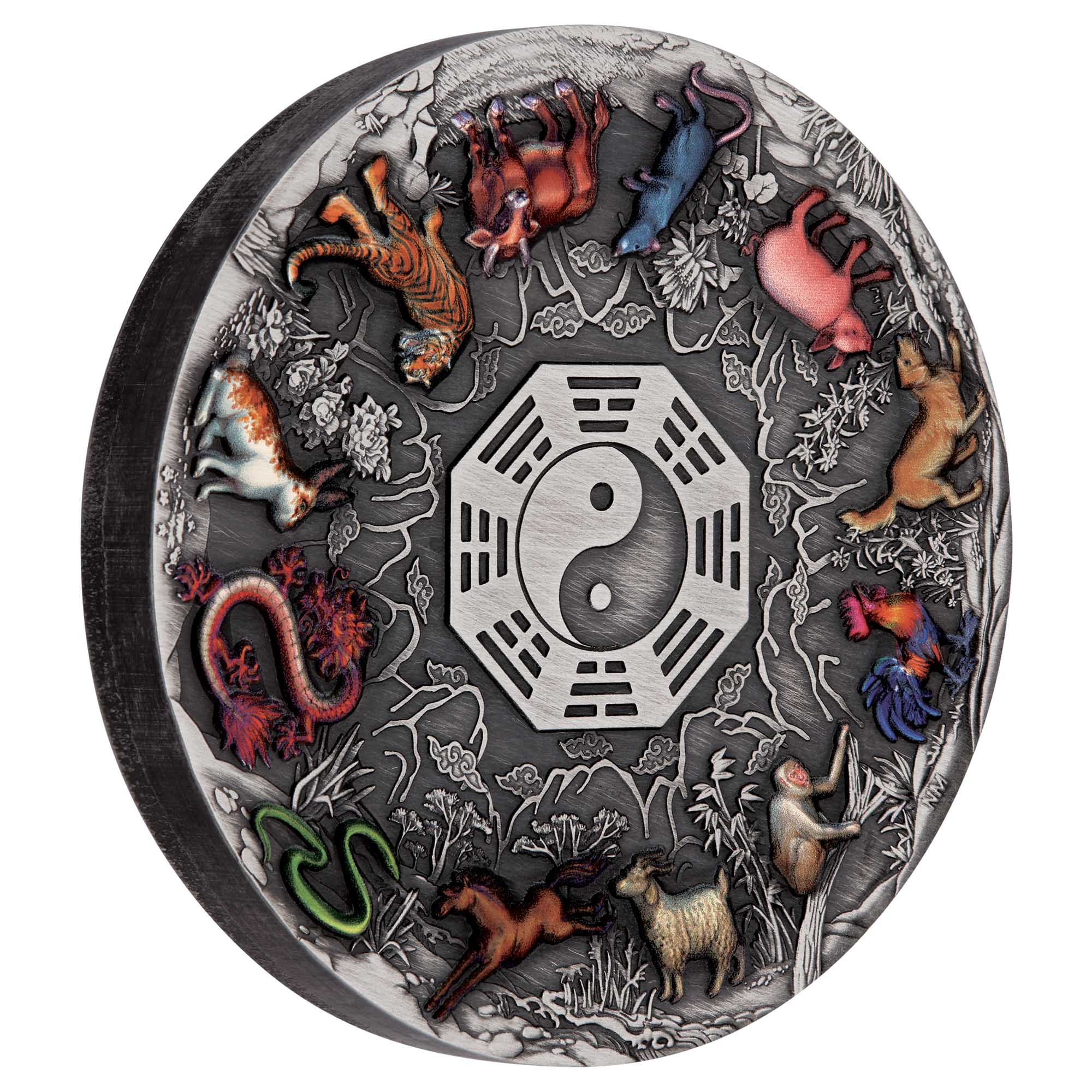 01 2022 Twelve Lunar Animal 5oz Silver Coloured AntiquedCoin OnEdge HighRes