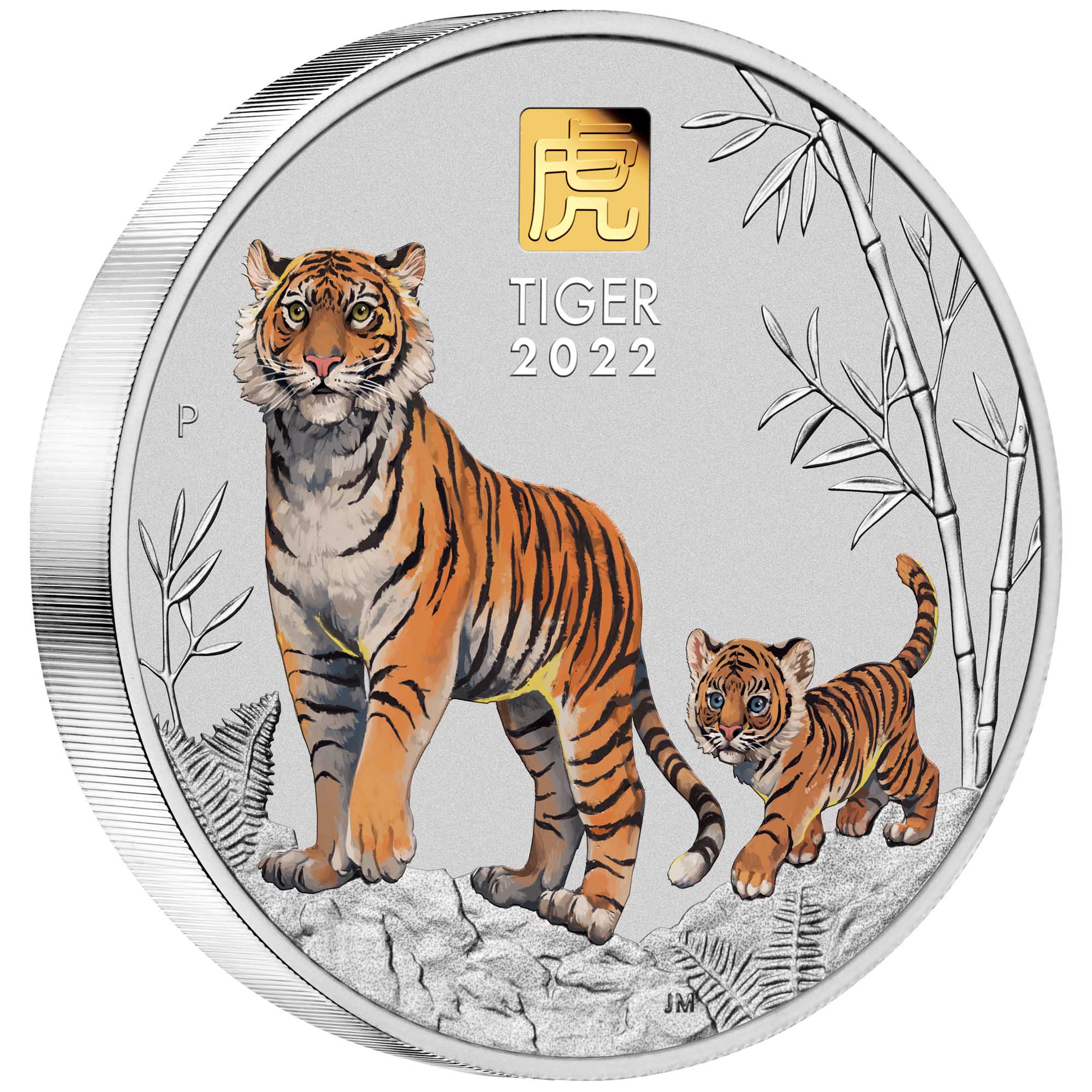 01 2022 Year of the Tiger 1 Kilo Silver Coloured Coin with Gold Privy OnEdge HighRes