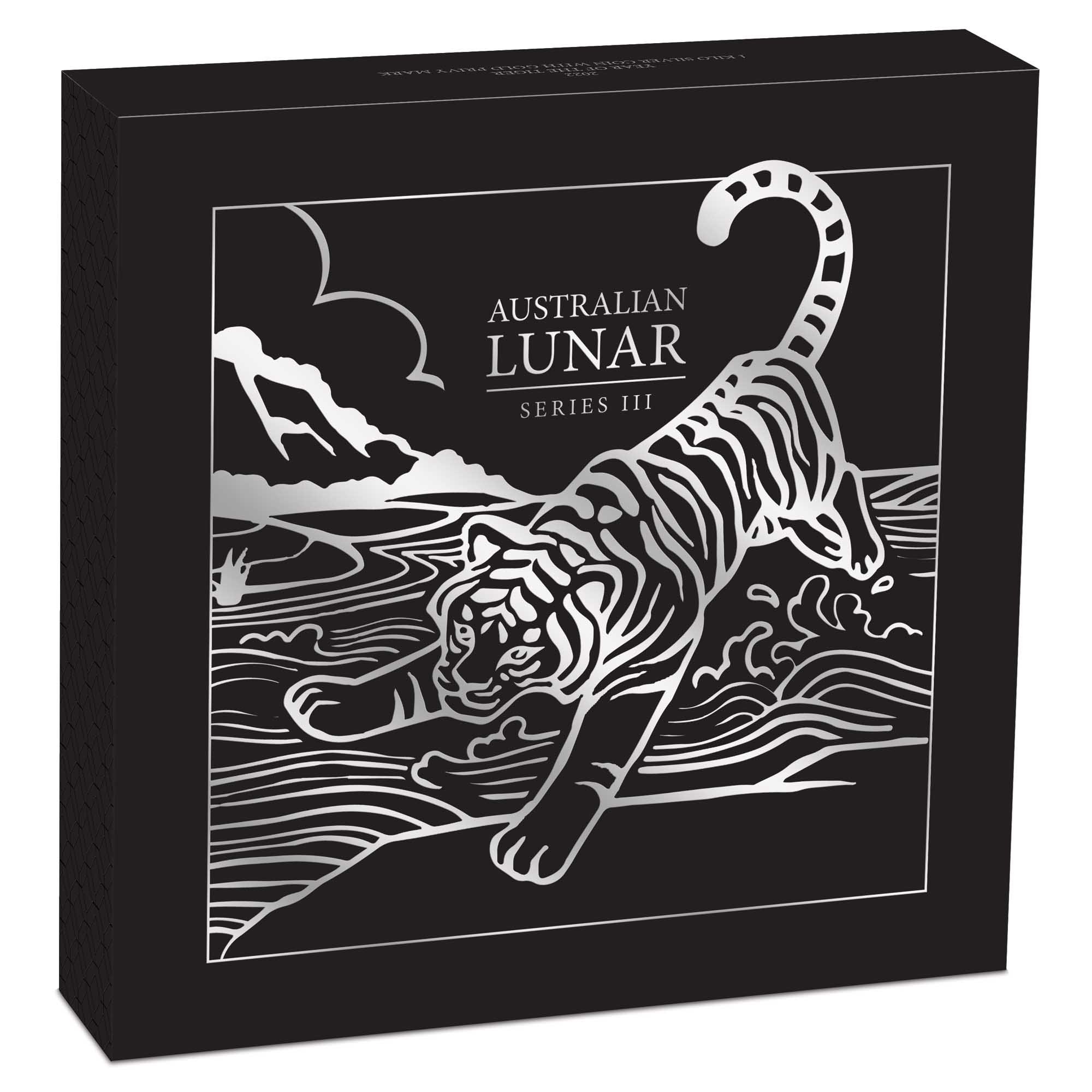 05 2022 Year of the Tiger 1 Kilo Silver Coloured Coin with Gold Privy InShipper HighRes