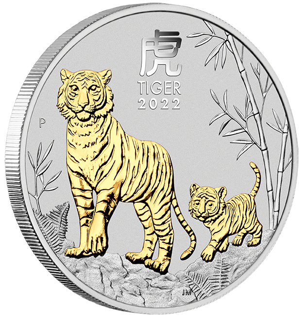 01 2022 Year of the Tiger 1oz Silver Gilded Coin OnEdge LowRes