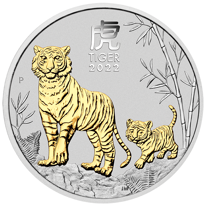 02 2022 Year of the Tiger 1oz Silver Gilded Coin StraightOn LowRes