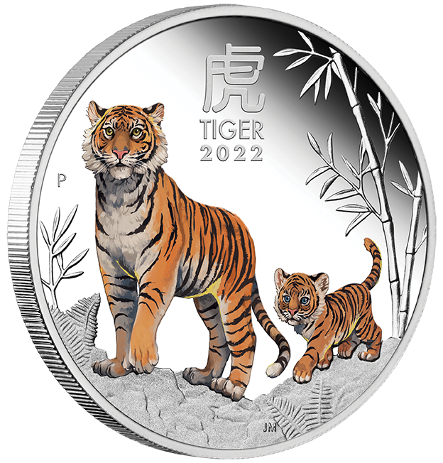 09 2022 Year of the Tiger 1oz Silver Proof Coloured Coin OnEdge LowRes