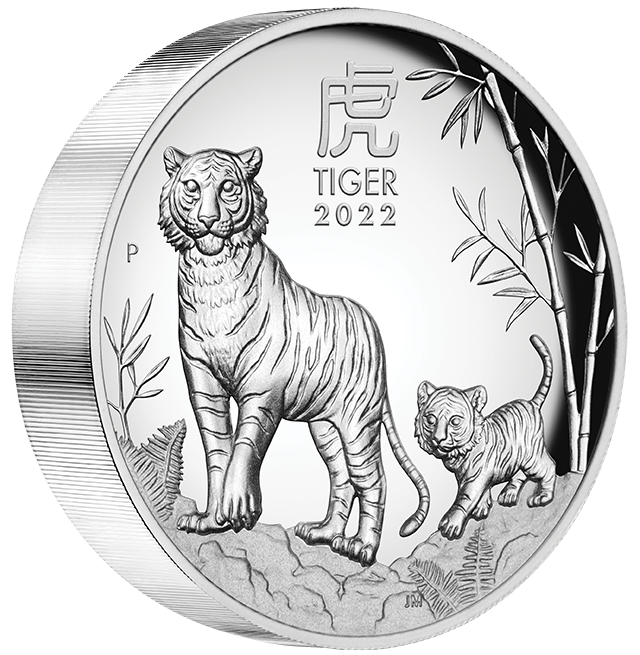 01 2022 Year of the Tiger 5oz Silver Proof High Relief Coin OnEdge LowRes