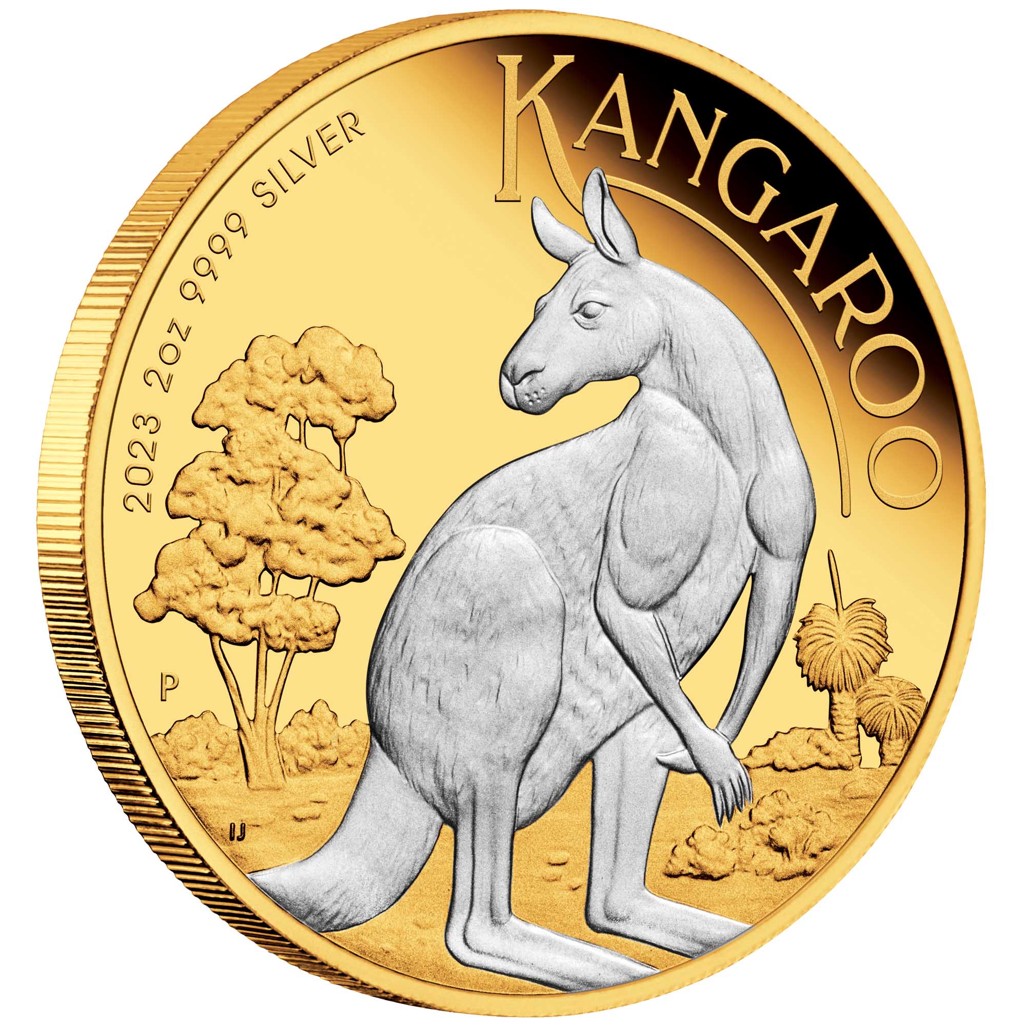 01 2023 Australian Kangaroo 2oz Silver Reverse Gilded Coin On Edge HighRes