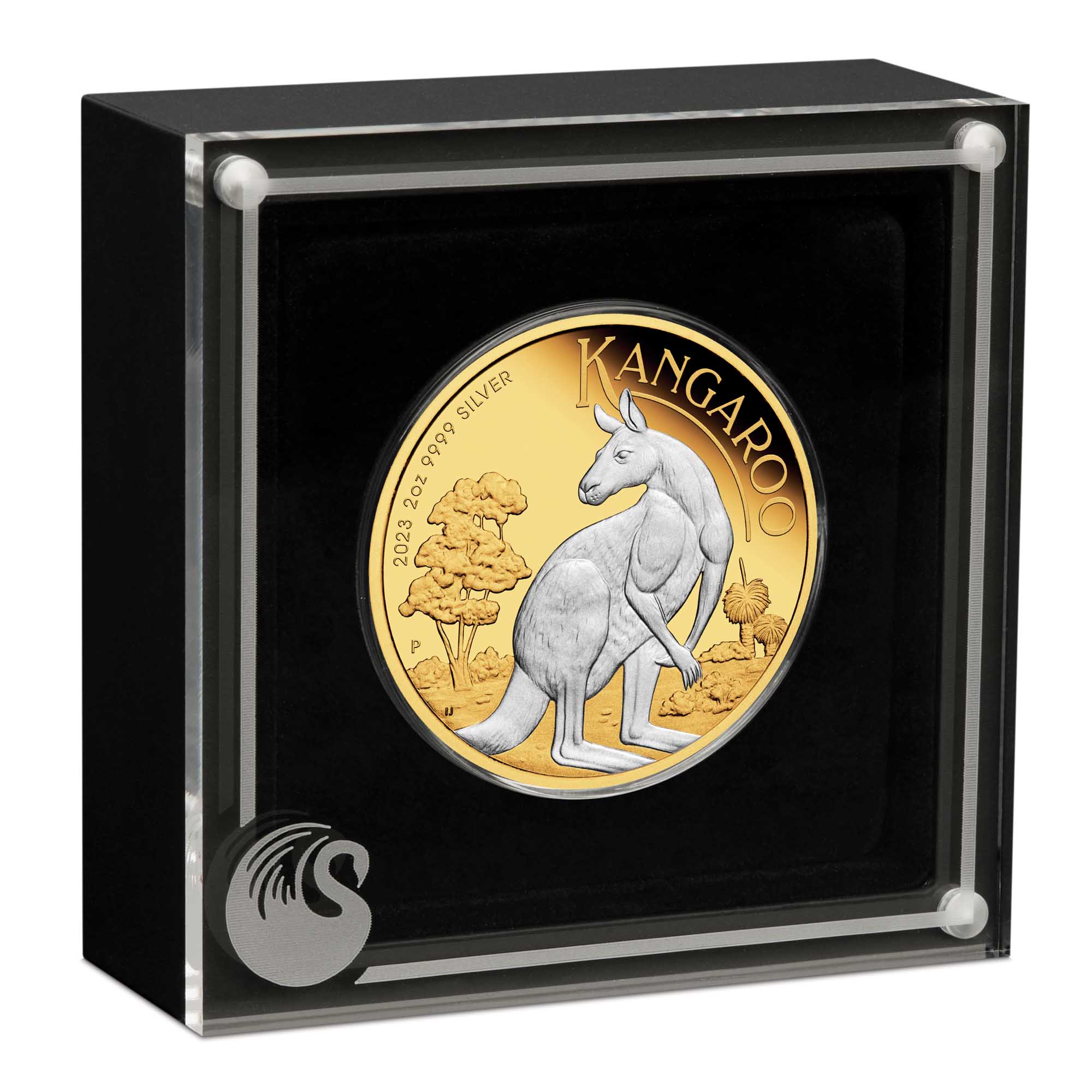 04 2023 Australian Kangaroo 2oz Silver Reverse Gilded Coin In Case HighRes