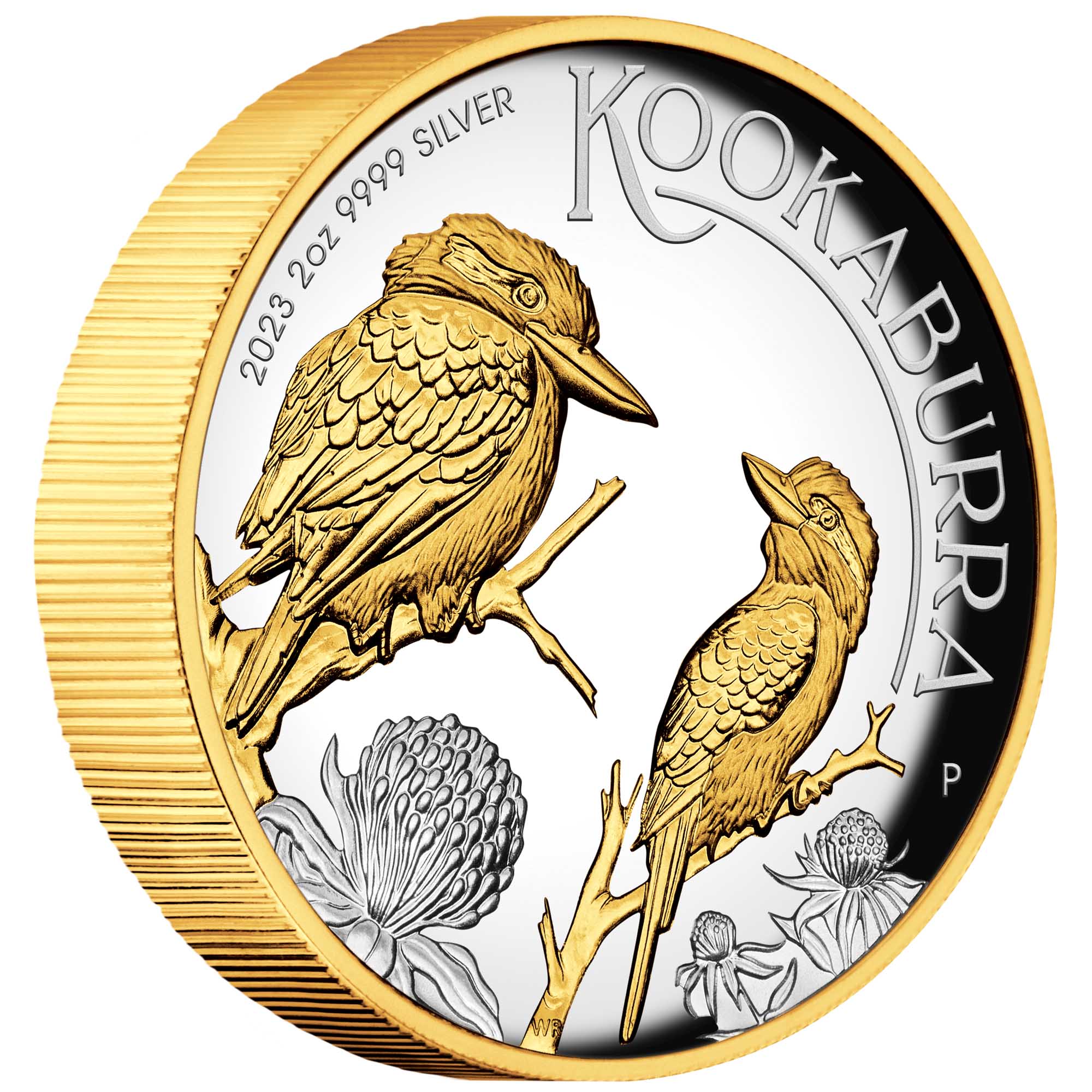 01 2023 Australian Kookaburra 2oz Silver Proof High Relief Gilded Coin OnEdge HighRes