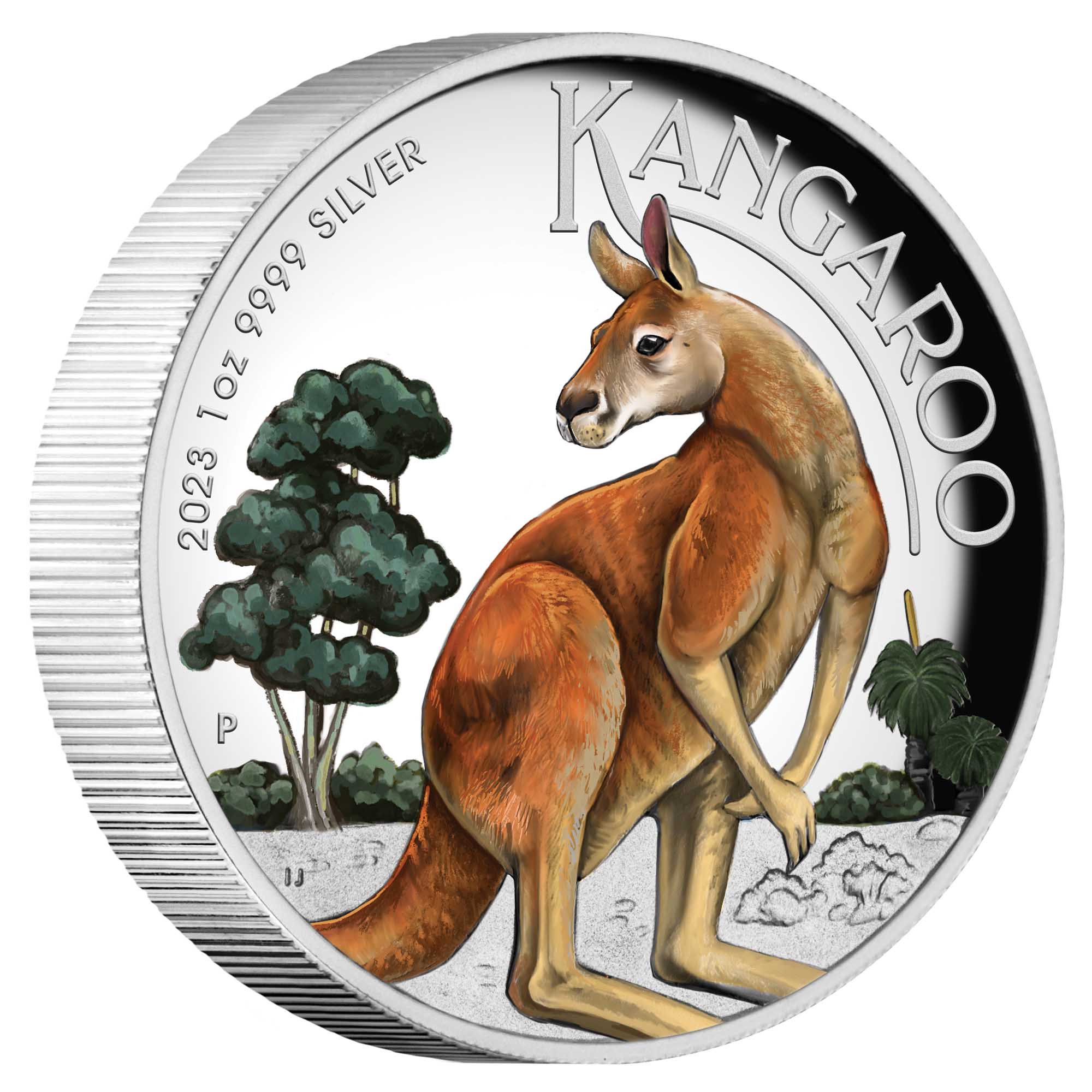 01 2023 Australian Kangaroo 1oz Silver Proof High Relief Coloured Coin OnEdge HighRes