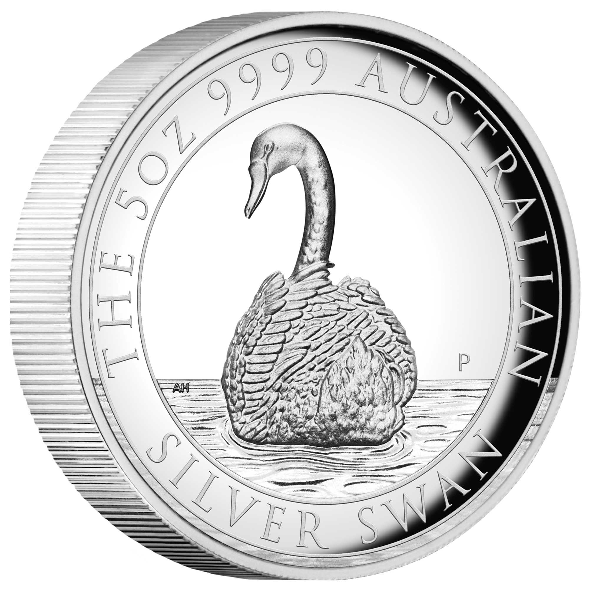 01 2023 AustralianSwan 5oz Silver Proof HRCoin OnEdge HighRes