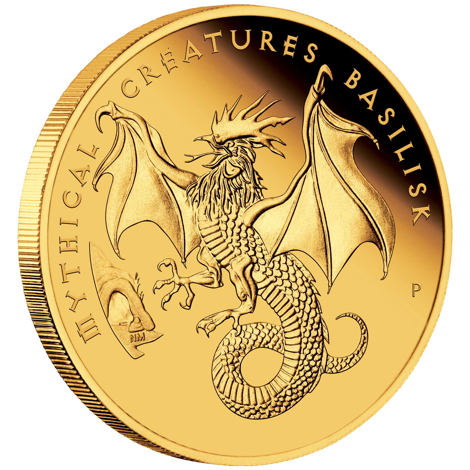 01 2023 MythicalCreaturesBasilisk 1oz Gold Proof Coin OnEdge HighRes
