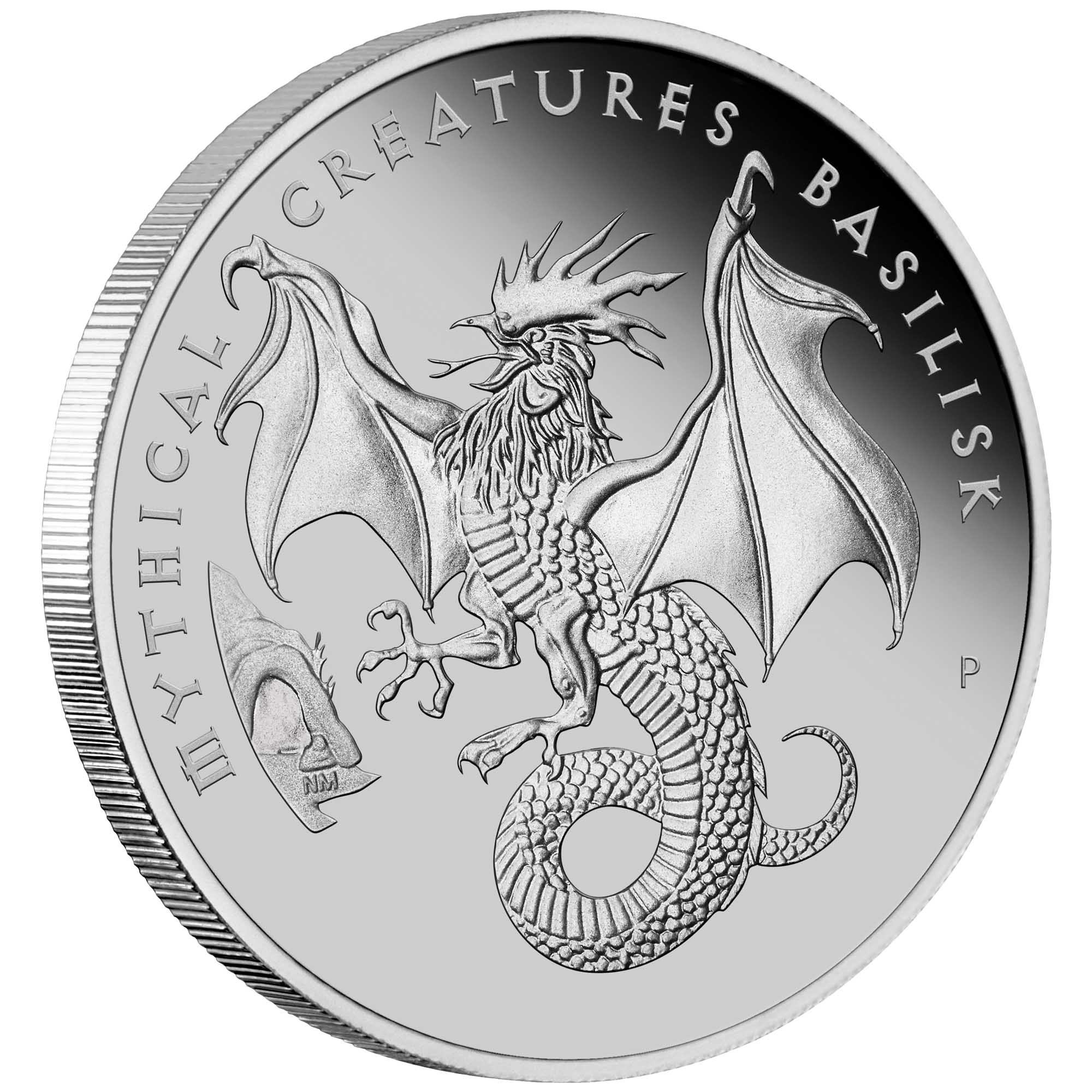 01 2023 MythicalCreaturesBasilisk 1oz Platinum Proof Coin OnEdge HighRes