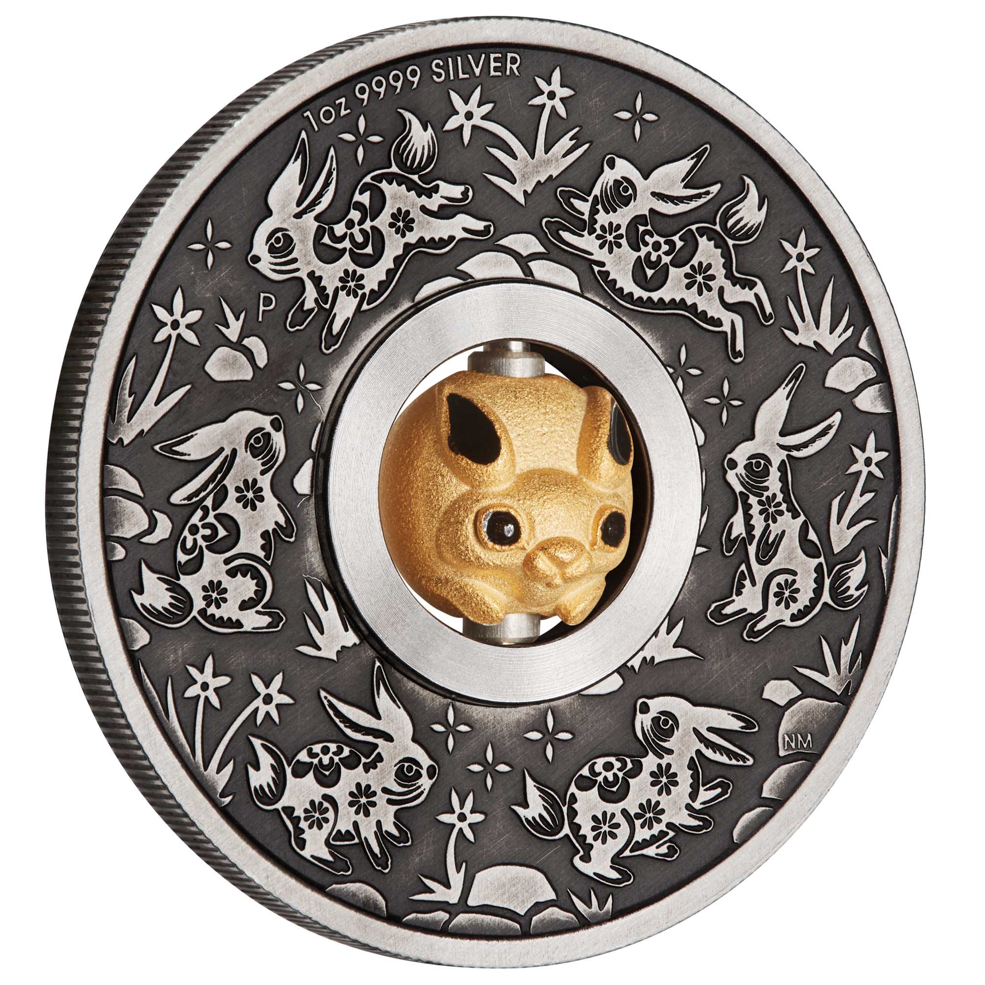 01 2023 Rotating Rabbit 1oz Silver Antiqued Coin OnEdge HighRes