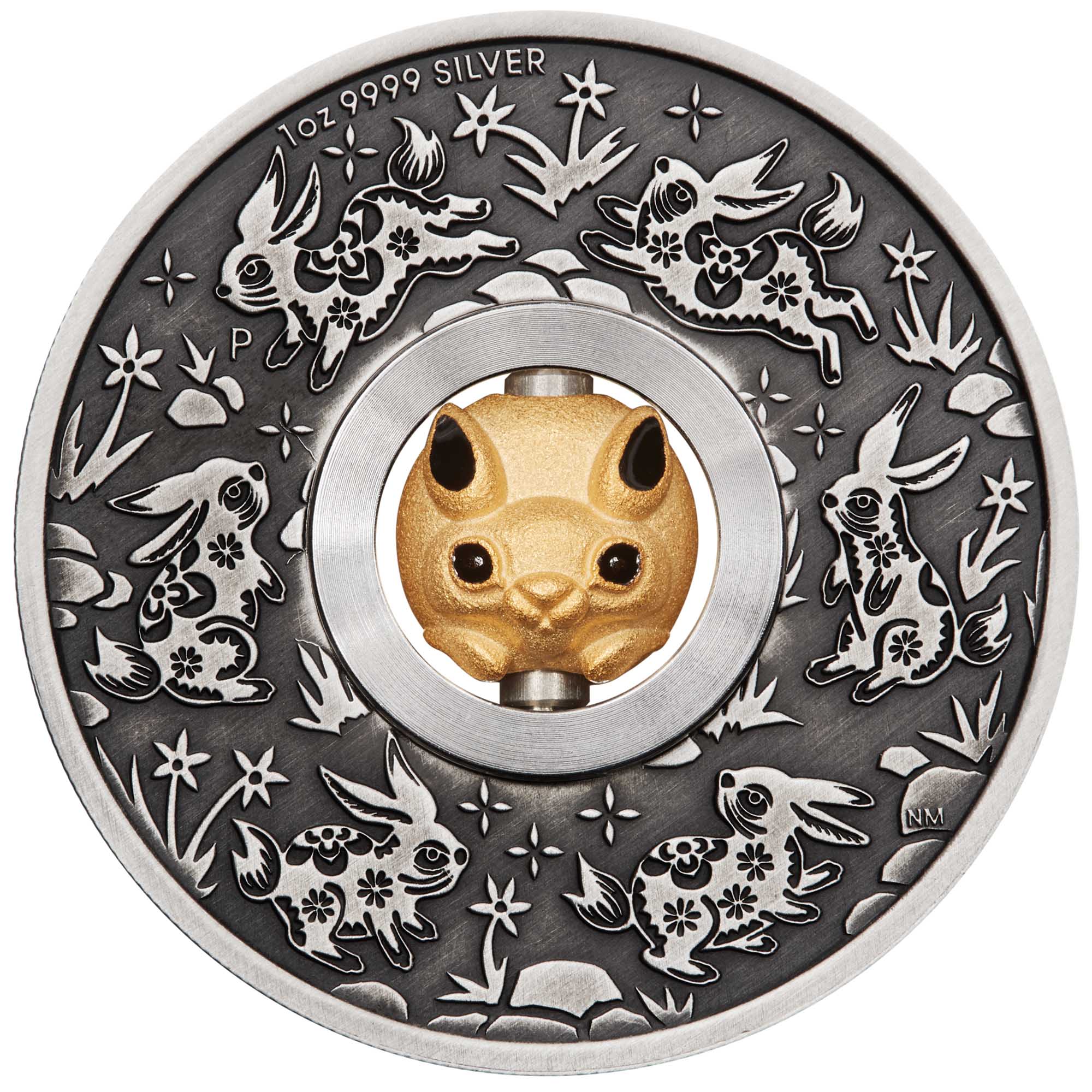 02 2023 Rotating Rabbit 1oz Silver Antiqued Coin StraightOn HighRes