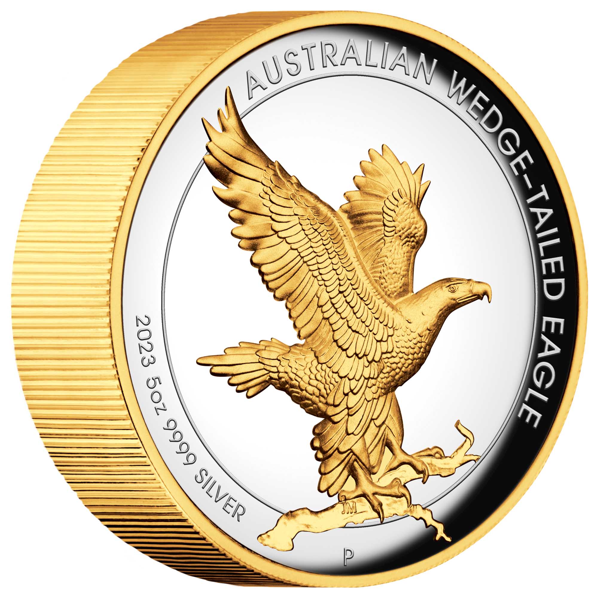 06 2023 Wedge Tailed Eagle 5oz Silver Proof High Relief Gilded Coin  OnEdge HighRes
