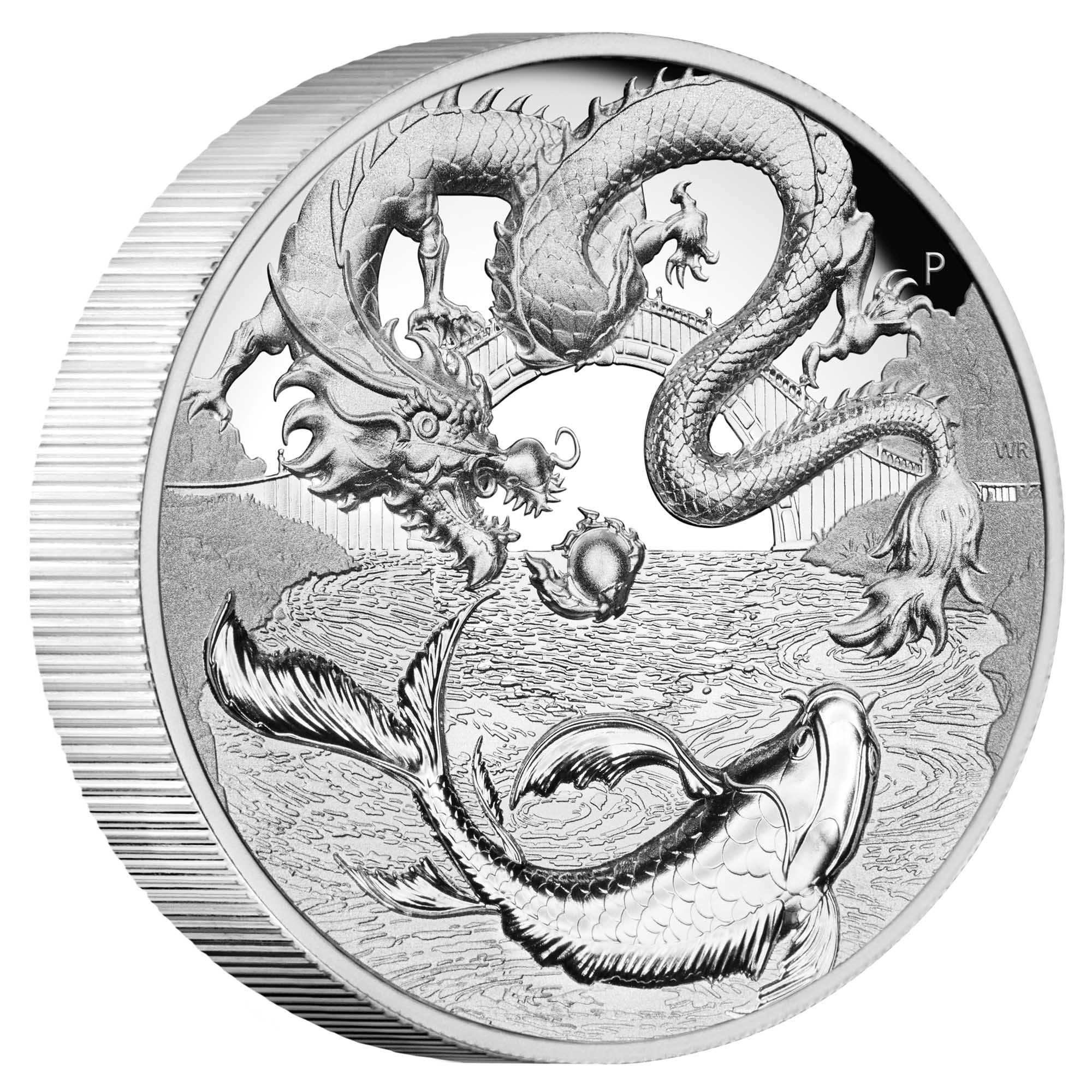 01 2023 Dragon & Koi 2oz Silver High Relief Coin OnEdge HighR