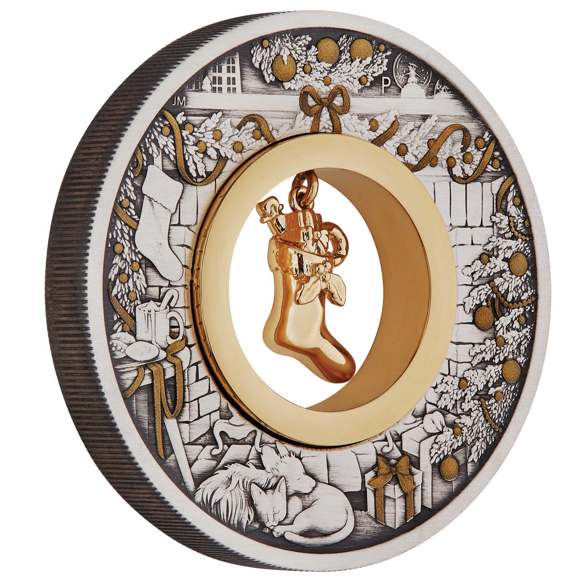 01 2022 Jingle bell 2oz Silver Antiqued Coin OnEdge HighRes