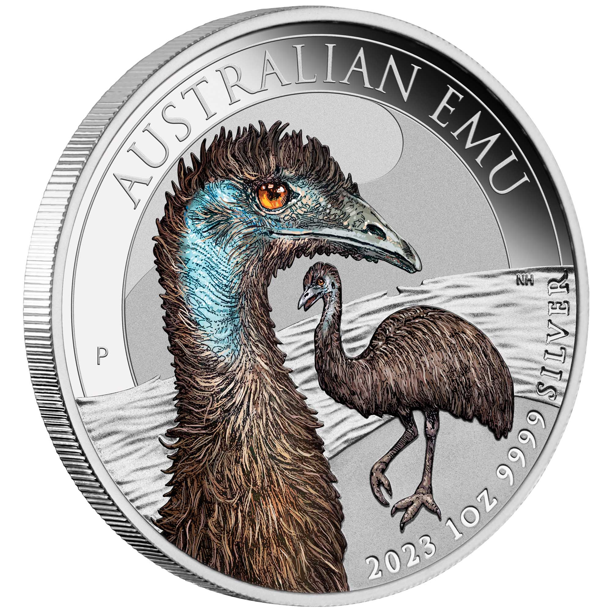 01 2023 Australian Emu 1oz Silver Bullion Coloured Coin OnEdge HighRes