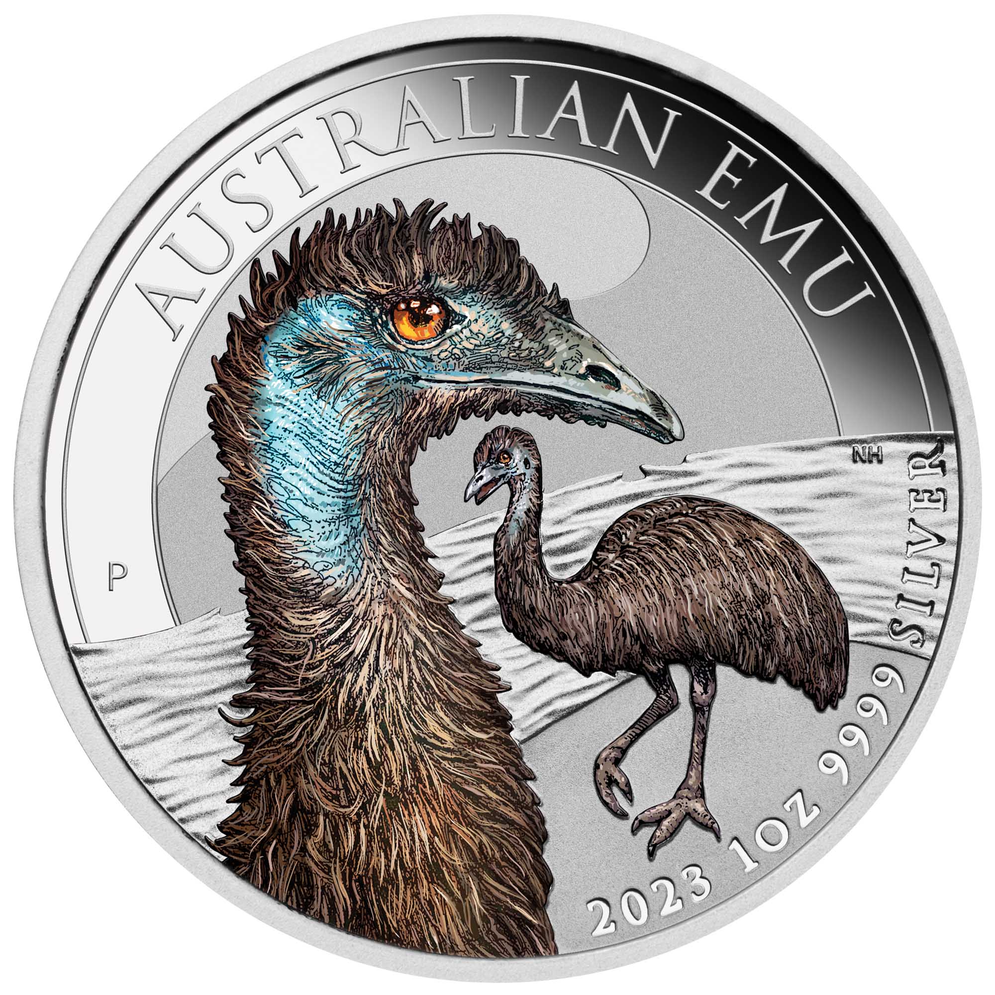 02 2023 Australian Emu 1oz Silver Bullion Coloured Coin StraightOn HighRes