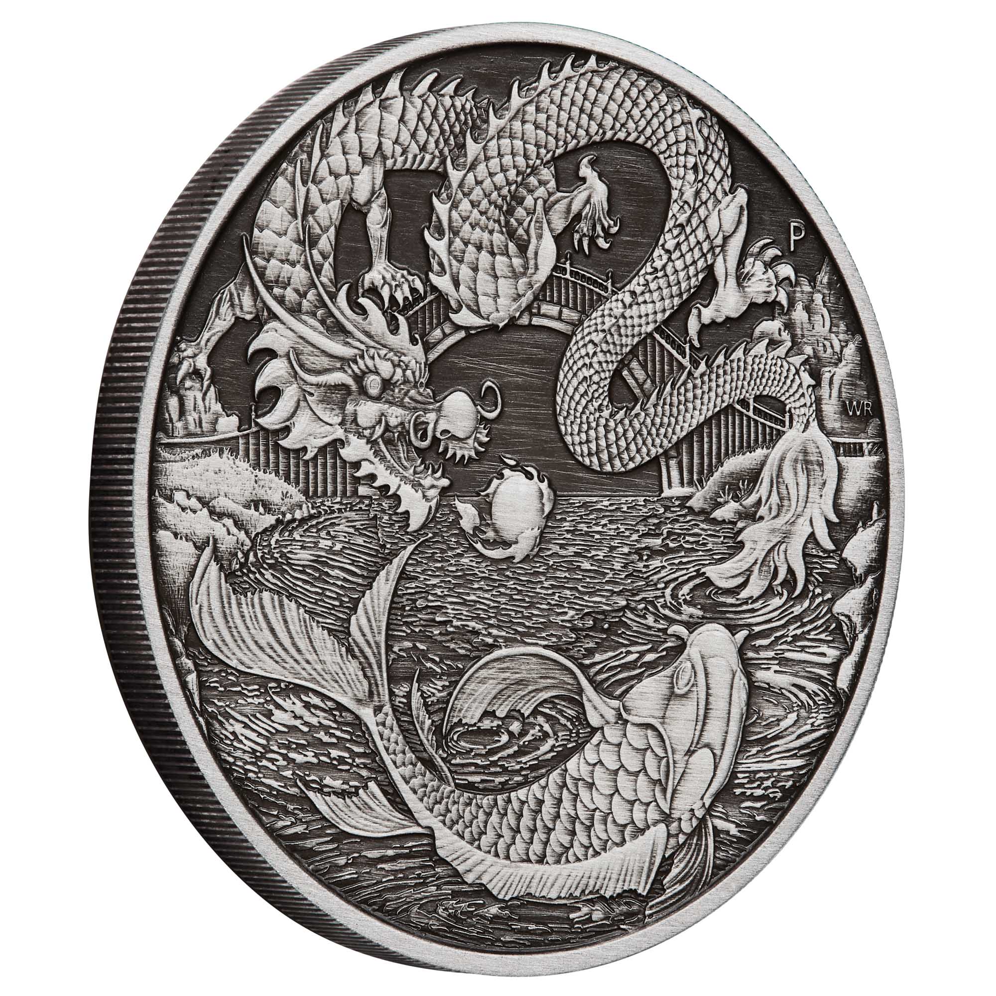01 2023 Dragon & Koi 1oz Silver Antiqued Coin OnEdge HighRes